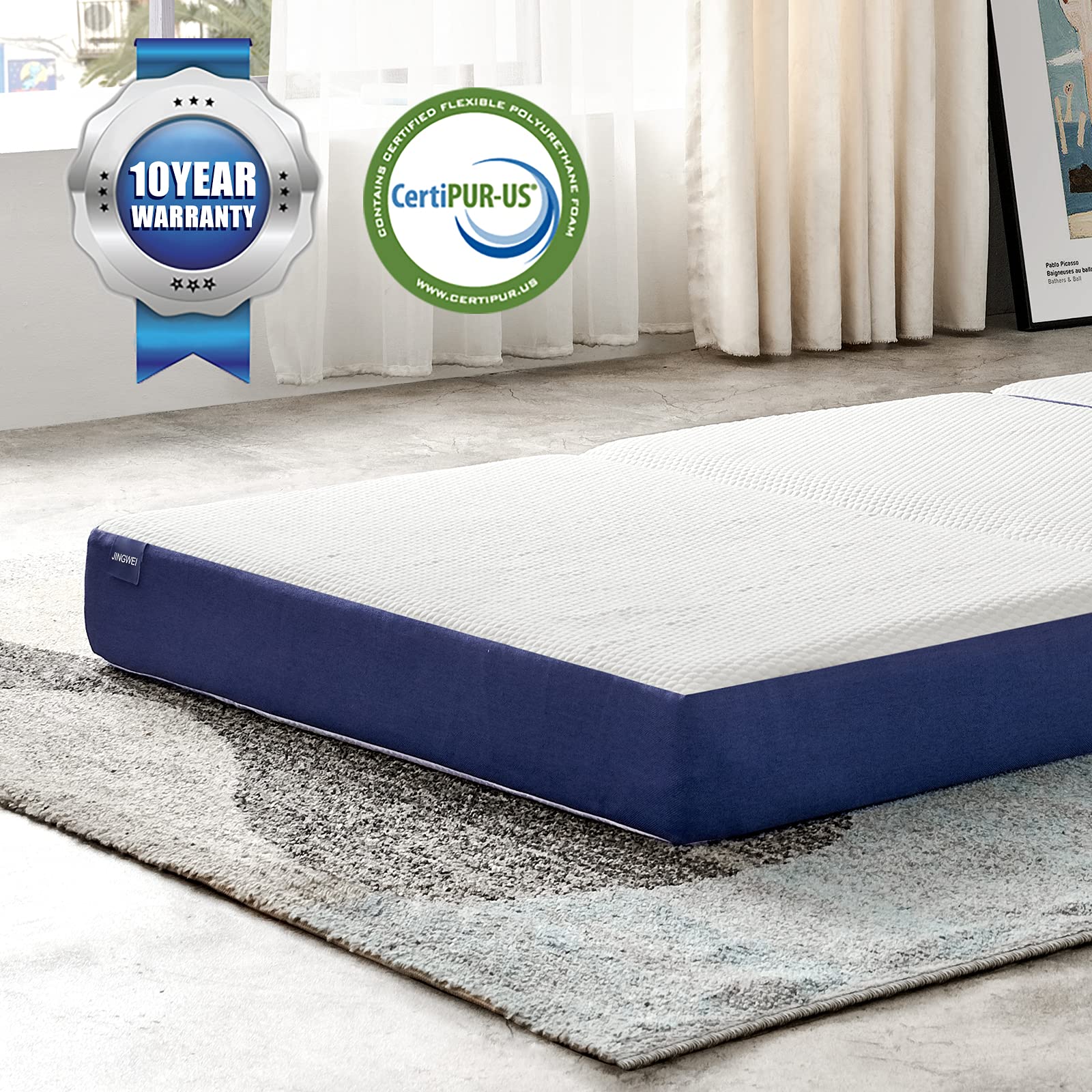 JINGWEI 6-Inch Tri-Fold Memory Foam Mattress - Full Size Foldable Mattress Topper with Washable Cover (52