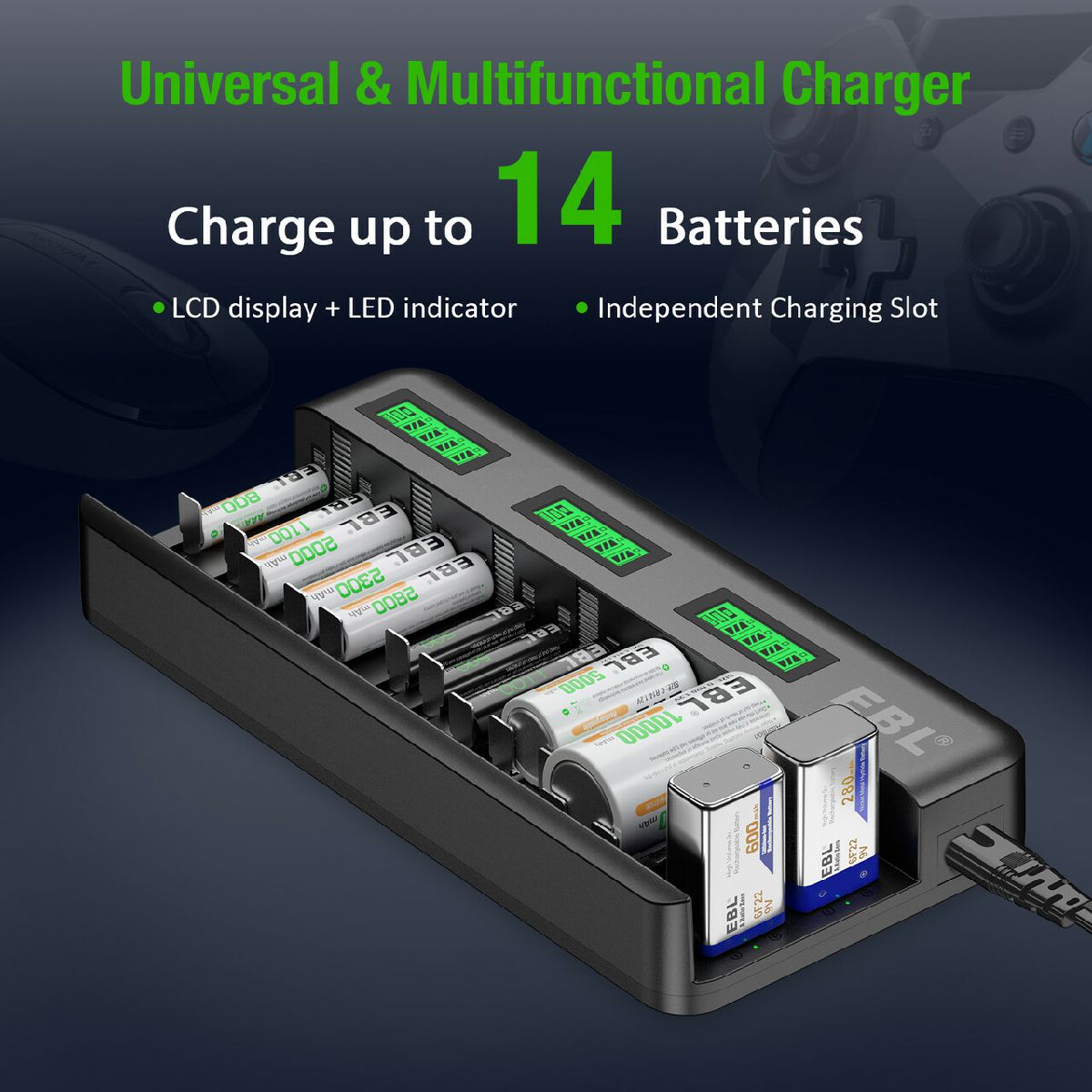 EBL 12+2 Bay Universal Battery Charger with 8 AA & 4 AAA 1.2V NiMH Rechargeable Batteries - Fast Charging for Cameras, Toys, Flashlights & Electronics