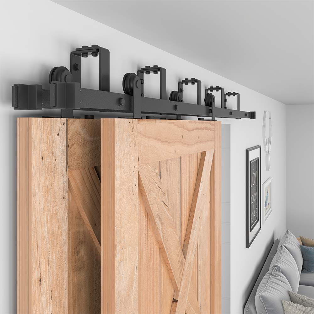 WINSOON Heavy Duty Top Mount Double Bypass Barn Door Hardware Kit - 5 FT Track for Overlapping Double Doors | One-Piece Rail for Smooth & Quiet Sliding | Easy Installation Fits Two 30” Wide Door Panels | Perfect for Bedrooms, Closets & Room Dividers