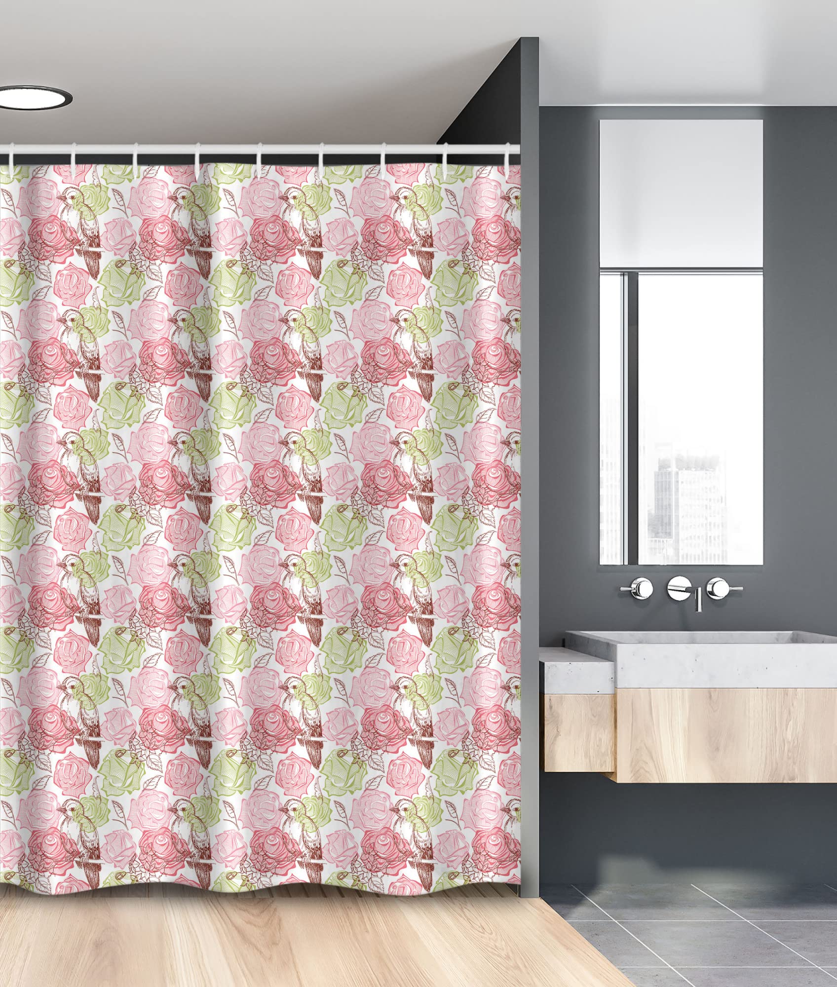 Ambesonne Floral Shower Curtain - Cherry Blossom & Rose Bouquet Design with Bird Perching on Branch, 54