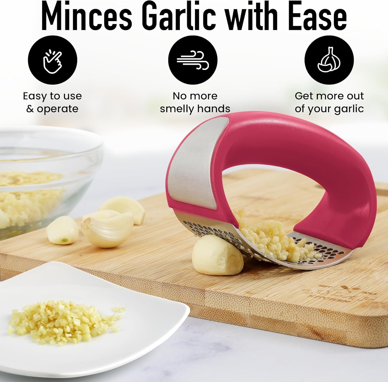 3-Piece Stainless Steel Garlic Press Set with Peeler & Brush - Kitchen Gadget for Cooking & Baking