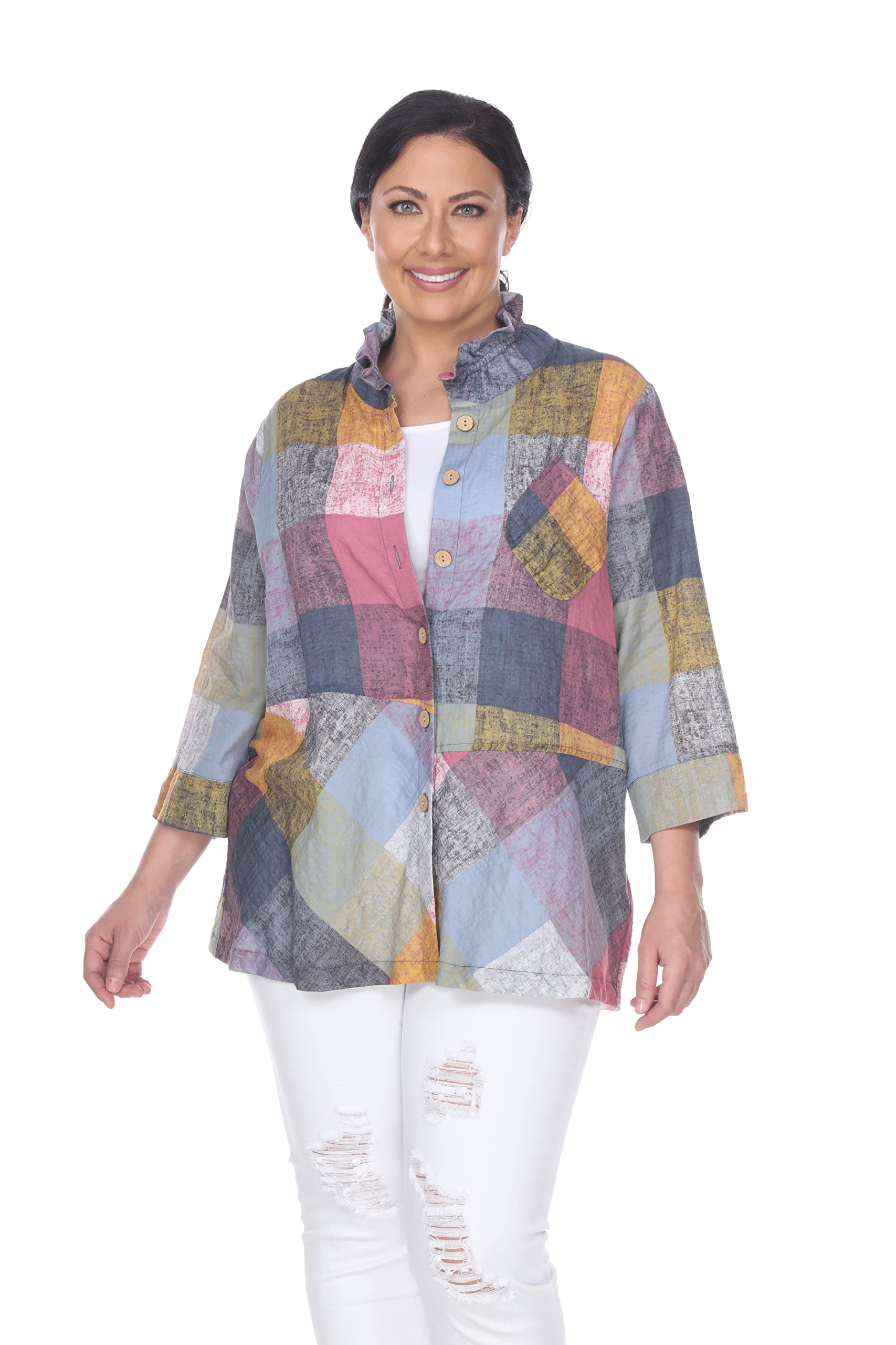 Terra-Sj Women's 3/4 Sleeve Convertible Collar Swing Tunic Top - Plus Size Terra Pink & Multicolor - Size F1 - Casual Office Wear & Spring Outfits
