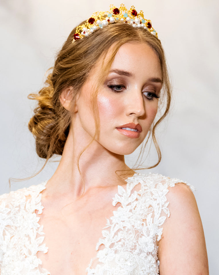 Exquisite Gold and Ruby Italian Princess Wedding Headpiece by Kezani – Perfect for Tuscany Weddings & Royal-Themed Events