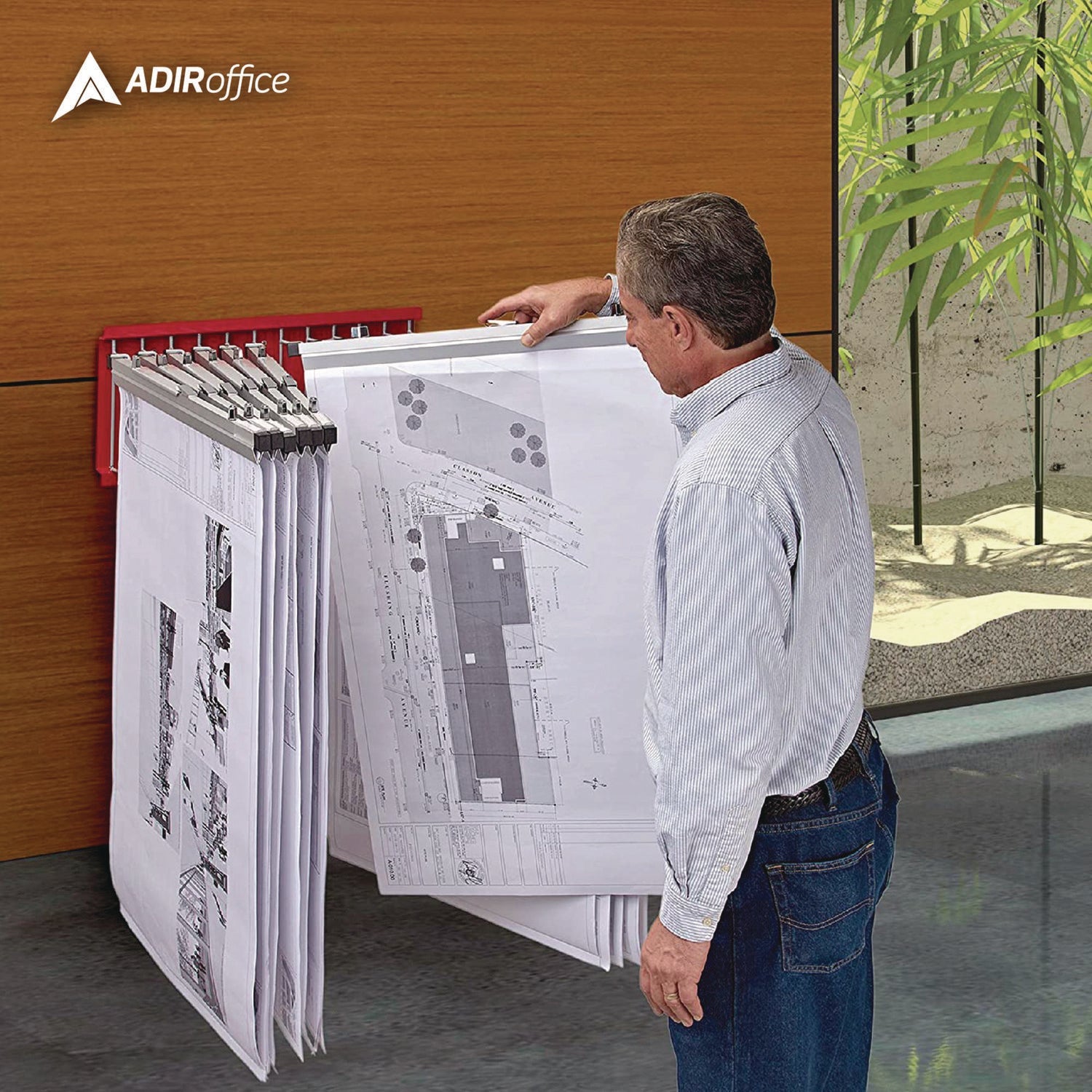 AdirOffice Large File Blueprint Pivot Wall Rack - Holds Assorted Document Sizes 11x15.8x23.9 Inches - Red Wall-Mounted Organizer for Office, Home, or Studio Storage