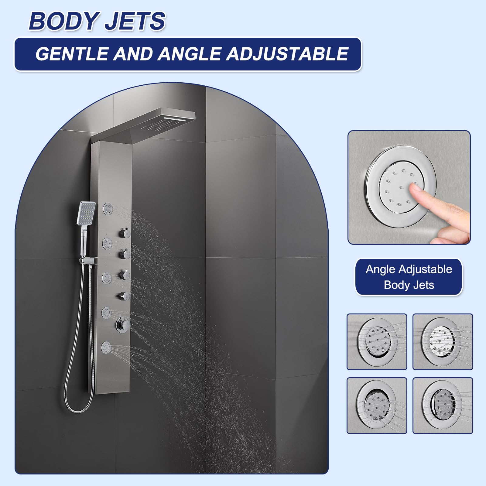 ROVATE Rainfall Waterfall Shower Tower Panel System - 304 Stainless Steel Bathroom Shower Panel with 5 Body Jets & 3 Handheld Shower Heads - Wall Mounted Shower Column with Brushed Finish - Perfect for Spa-Like Luxury Bathroom Experience