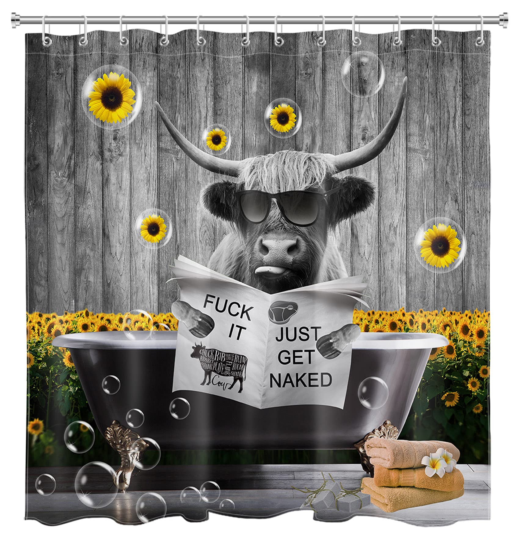 Farmhouse Highland Cow Shower Curtain - Waterproof Bathroom Decor with Sunflower & Bubble Design (69x70 Inches) | Rustic Farm Animal Theme for Bathroom, Kids Room, or Country Style Home Decor