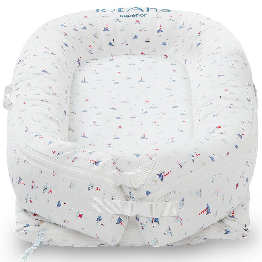 Organic Cotton Baby Nest & Infant Lounger - Portable Newborn Dock for 0-12 Months | Safe, Comfortable Floor Seat & Baby Essentials | Perfect for Nursery, Travel & Playtime (Sailboat Design)