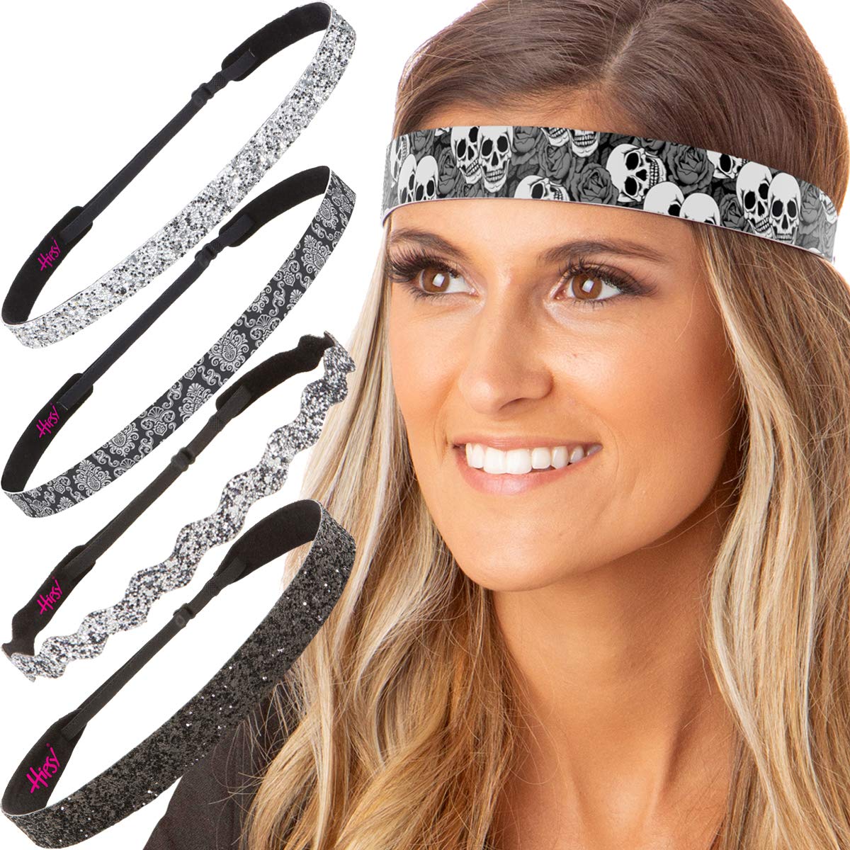 Hipsy Adjustable No Slip Bling Glitter & Fashion Printed Headbands for Women, Girls & Teens - Mixed 5-Pack (Grey Multi) - Perfect for Sports, Workouts, Yoga, School and Everyday Fashion Accessories
