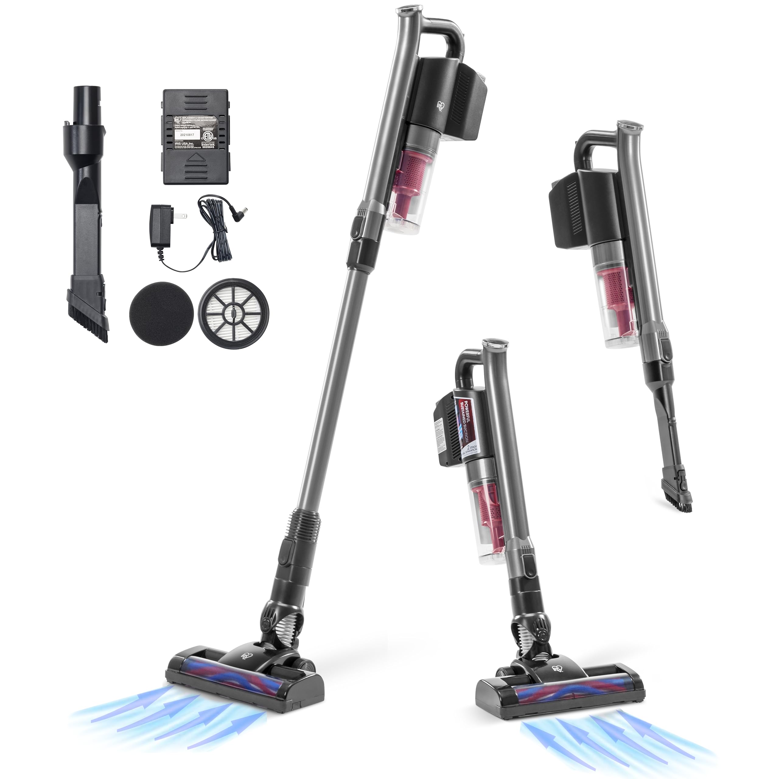 IRIS USA 9000Pa Cordless Stick Vacuum Cleaner - 4-in-1 Attachments for Pet Hair, Low-Profile Carpets & Hard Floors | 60K RPM Motor, 35 Min Runtime, LED Indicator | Perfect for Home, Office & Pet Owners