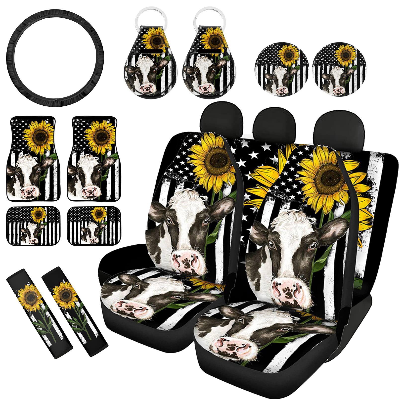 UZZUHI Sunflower Cow Print Frog Car Seat Covers Set - 15-Piece Universal Fit Accessories with Steering Wheel Cover, Cup Coasters, Keychains & Seatbelt Pads | American Flag Stripes Design for Cars, SUVs & Trucks | Perfect for Road Trips, Daily Commutes & Car Protection