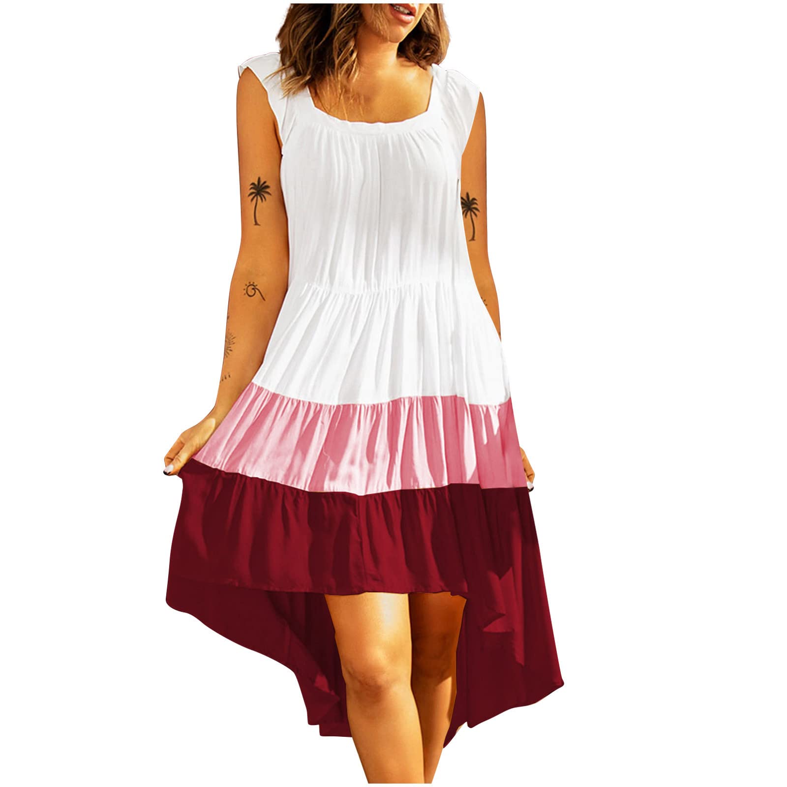 Women's Summer Patchwork Square Neck Sleeveless Vacation Maxi Dress - Casual Boho Flowy Beach Dress for Women, Perfect for Vacations, Beach Parties & Summer Outings