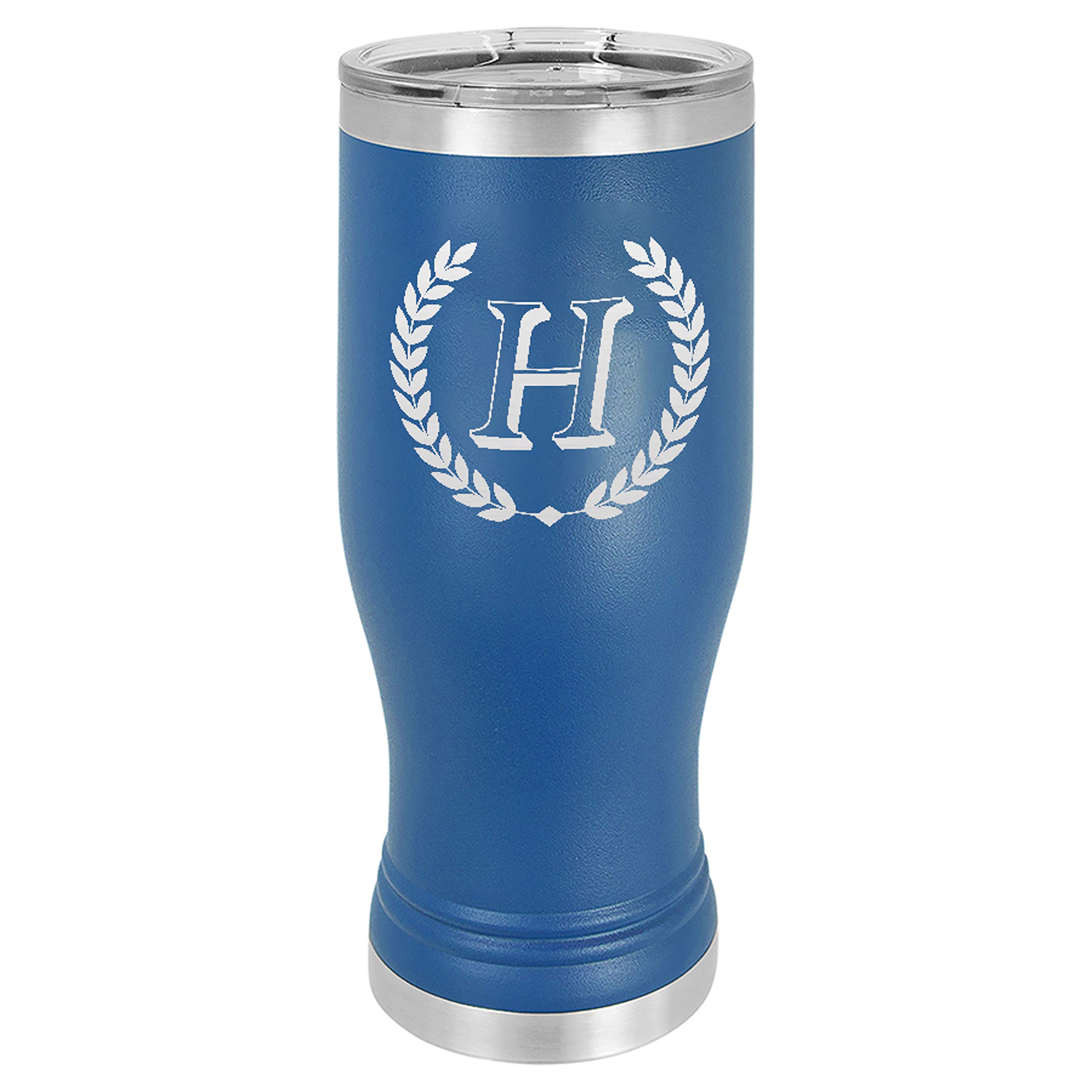 Personalized 20oz Vacuum Insulated Stainless Steel Stemless Pilsner Tumbler with Lid - Horace Design (Blue) - Perfect for Beer, Cocktails & Iced Coffee at Parties, BBQs & Outdoor Events