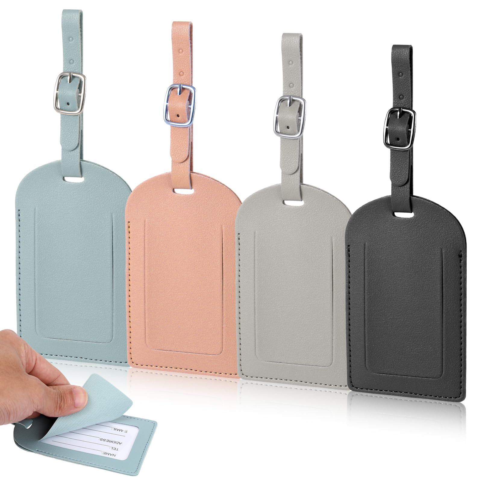 Giantree 4Pcs Leather Luggage Tags with Adjustable Strap - Durable Suitcase ID Tags for Travel, Privacy Protection Cover - Perfect for Couples, Women & Kids - Ideal for Airports, Hotels & Vacation Trips