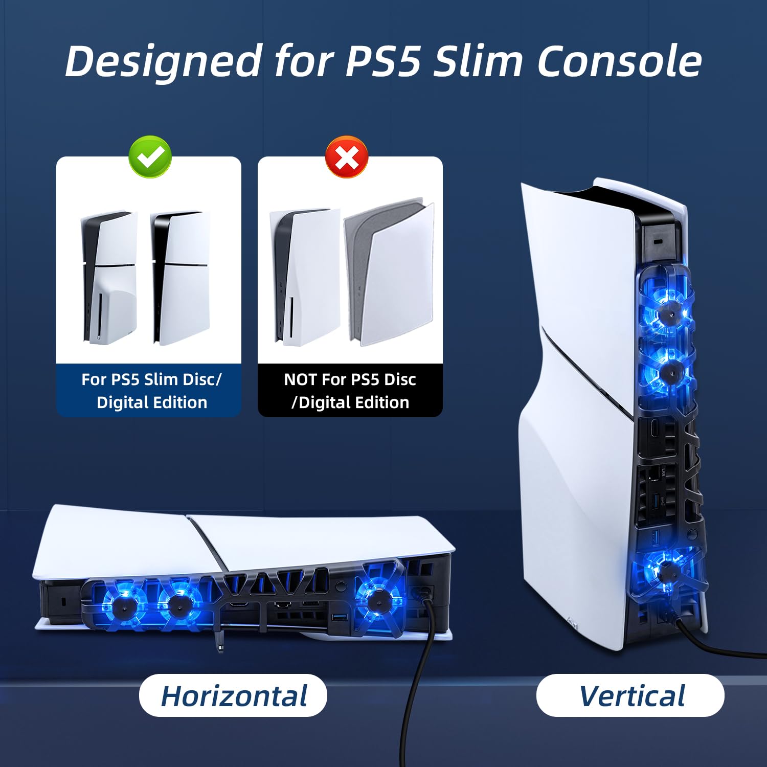 RGB Cooling Fan for PS5 Slim - 3 Fast Cooling Fans with Intelligent Temperature Control, Compatible with PS5 Slim DE/UHD (Not for PS5/PS5 Pro) - Perfect for Gaming Sessions and Overheating Prevention