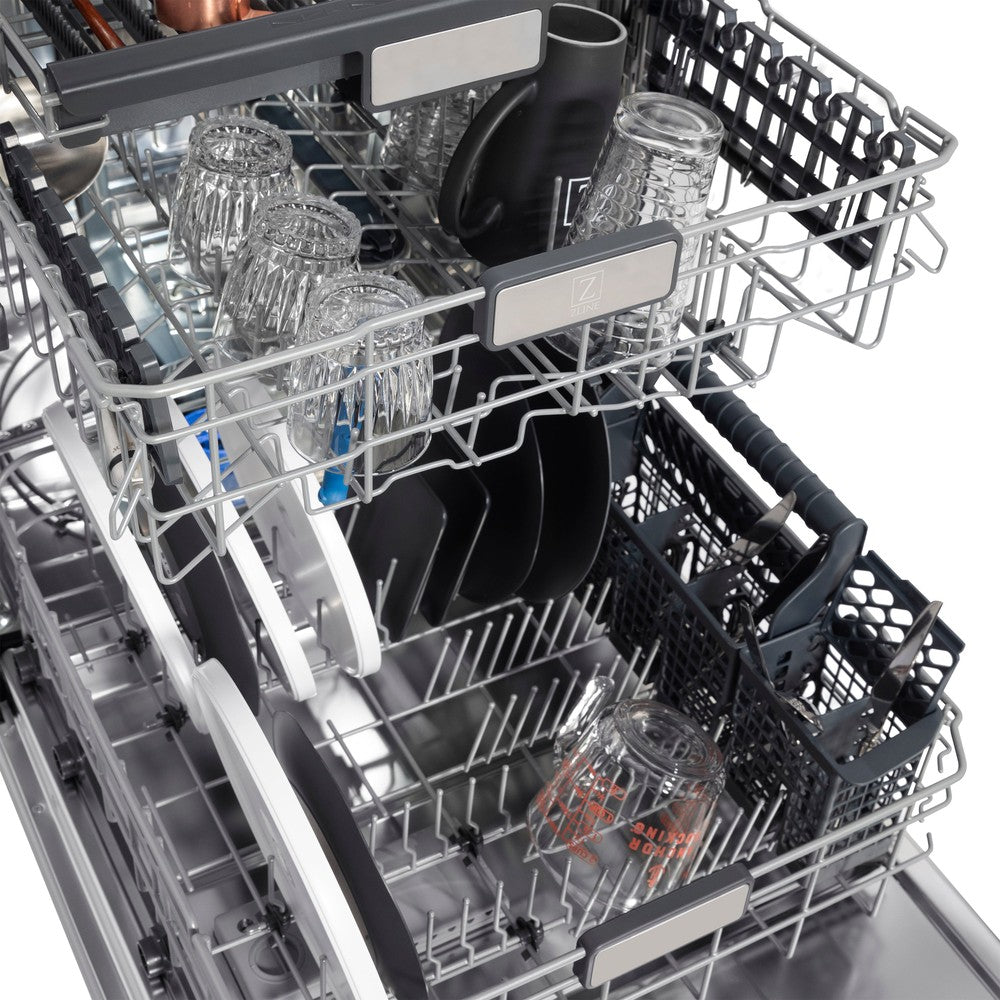 ZLINE Autograph Edition 24 Inch Black Stainless Steel Dishwasher with Polished Gold Handle - 45dBA Ultra Quiet, 3rd Rack & Top Touch Control - Perfect for Modern Kitchens and Open Concept Homes (Model DWMTZ BS 24 G)