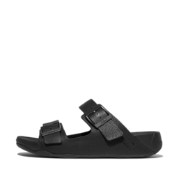FitFlop Men's Gogh Moc Tumbled Leather Slide Sandals - All Black | Comfortable Slip-On Shoes for Men | Perfect for Casual Wear, Beach & Poolside Relaxation