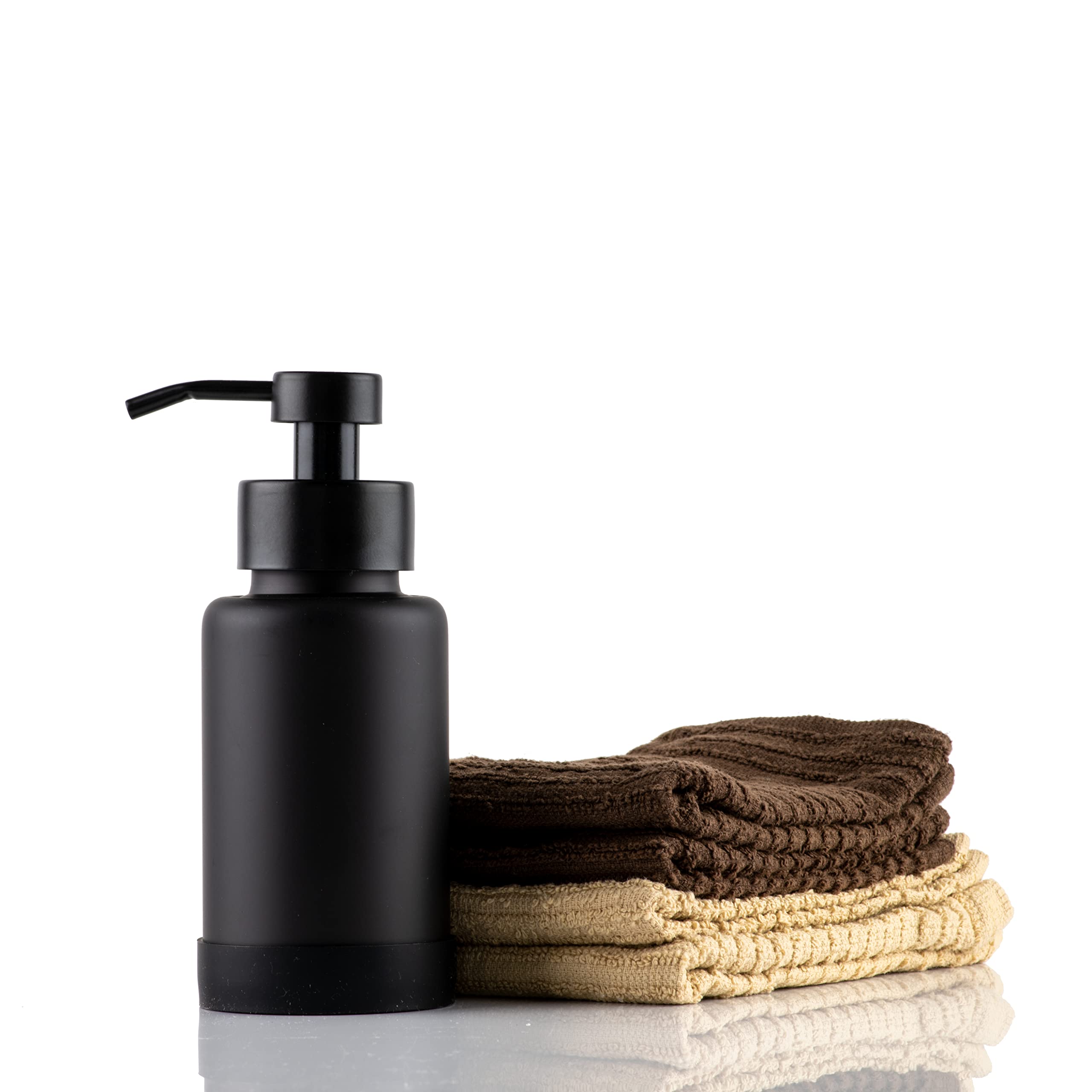 Premium Black Glass Foaming Hand Soap Dispenser - 11oz Matte Finish with Bonus Labels & Silicone Coaster - Elegant Bathroom & Kitchen Soap Pump for Home, Office, and Guest Washrooms