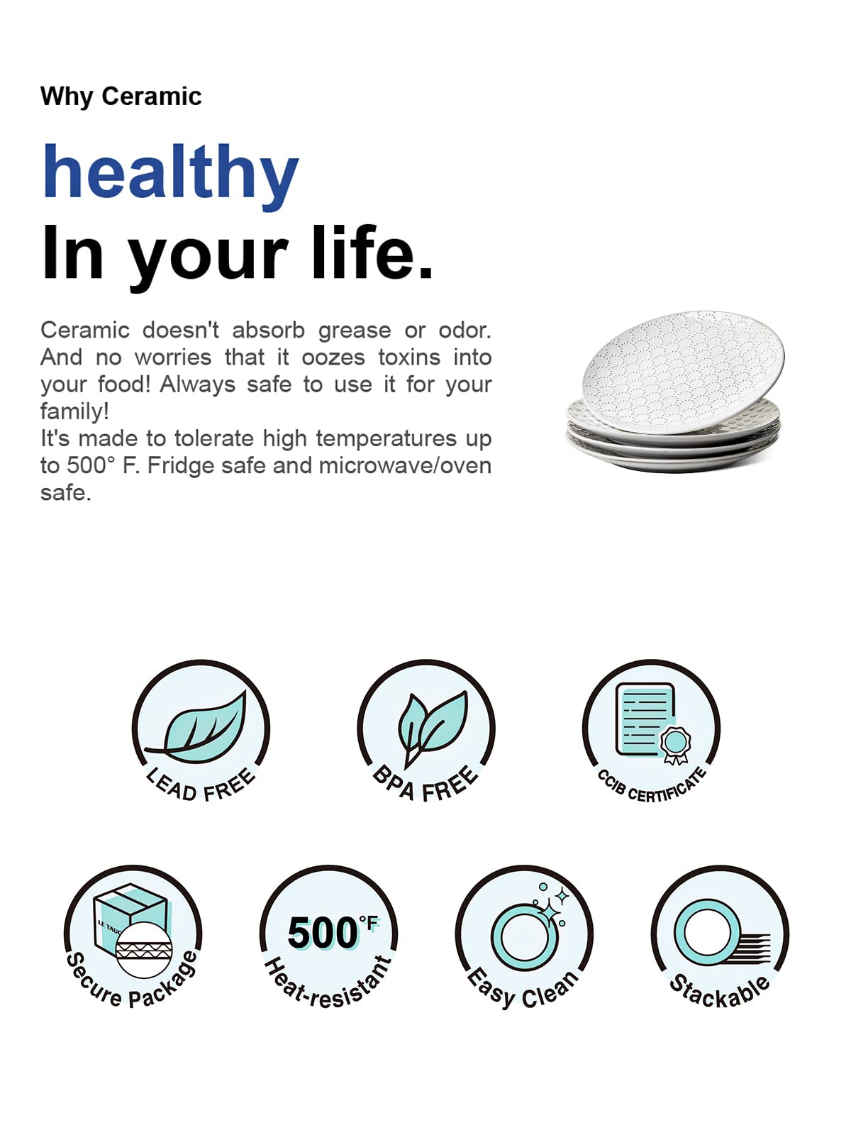 LE TAUCI 10 Inch Ceramic Dinner Plates Set of 4 - Microwave & Dishwasher Safe, Embossed Design - Perfect for Housewarming, Wedding Gifts, Daily Dining & Entertaining - Arctic White