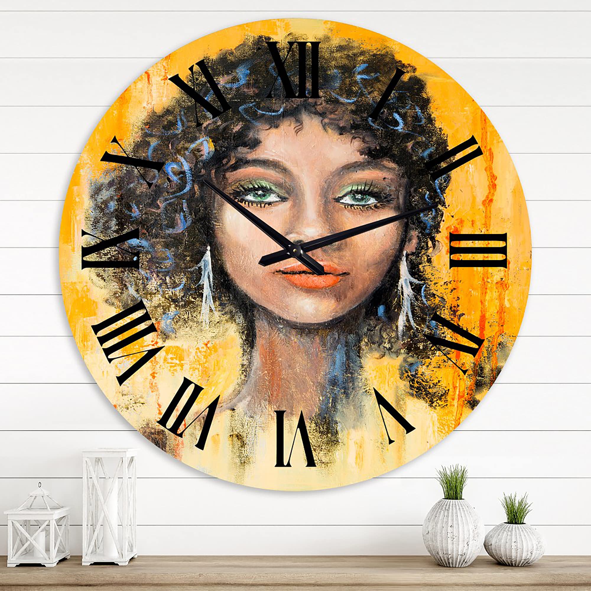 Modern Large Wall Clock - Woman Face with Green Eyes & Black Hair Art Print - Stylish Living Room Decor for Home & Office - Perfect for Bedroom, Kitchen, or Gift Idea