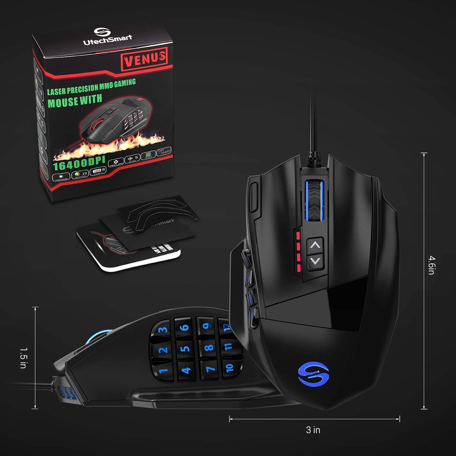 UtechSmart Venus RGB Wired Gaming Mouse - 16400 DPI High Precision Laser, Programmable MMO Gaming Mouse for PC | Ergonomic Design for Long Gaming Sessions | Perfect for FPS, MOBA & MMO Games (IGN Recommended)