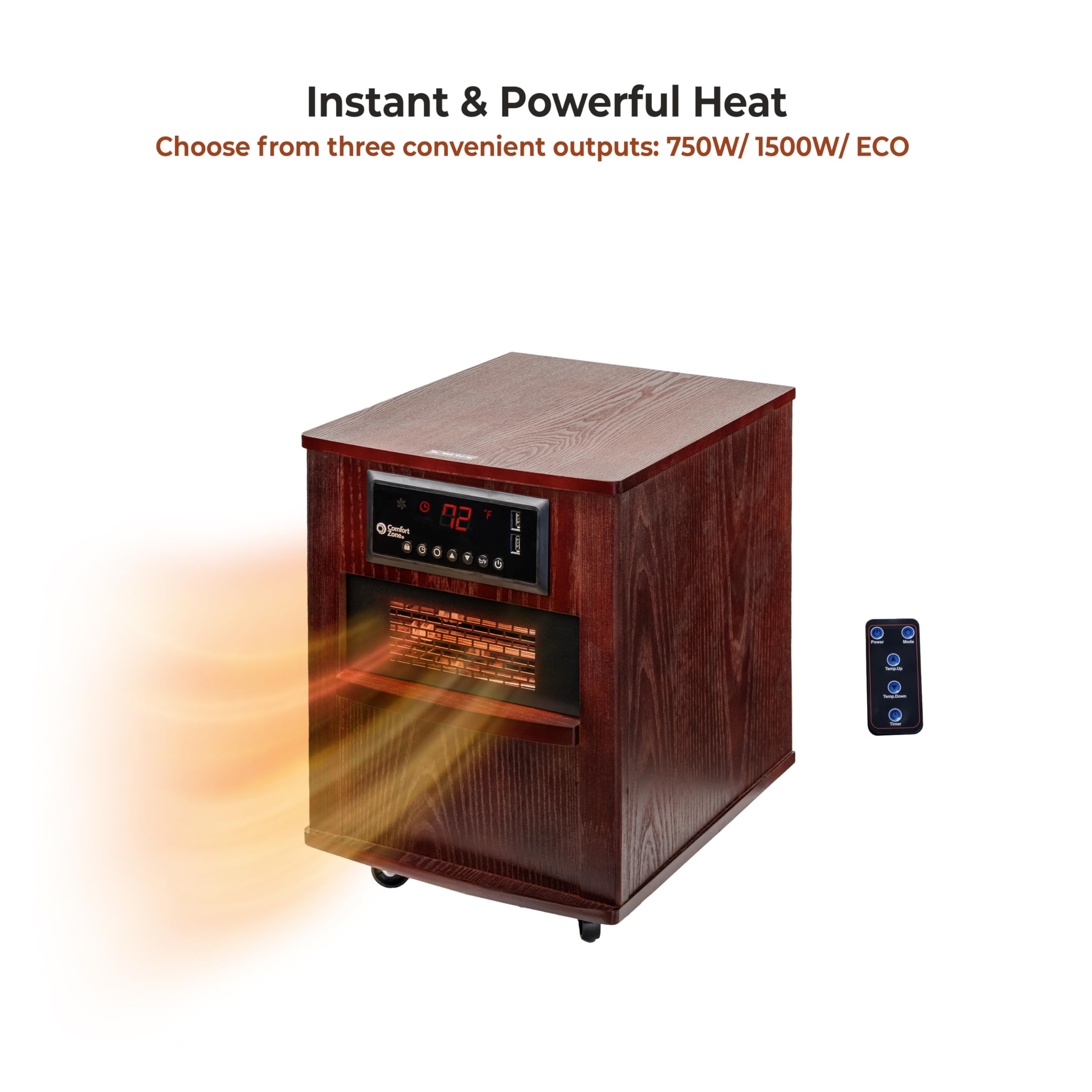 1500W Infrared Quartz Space Heater with Remote, USB Ports & Safety Features - 20 Inch Cabinet Heater for Home, Office & Indoor Use | CZ2062C | Perfect for Bedrooms, Living Rooms & Workspaces