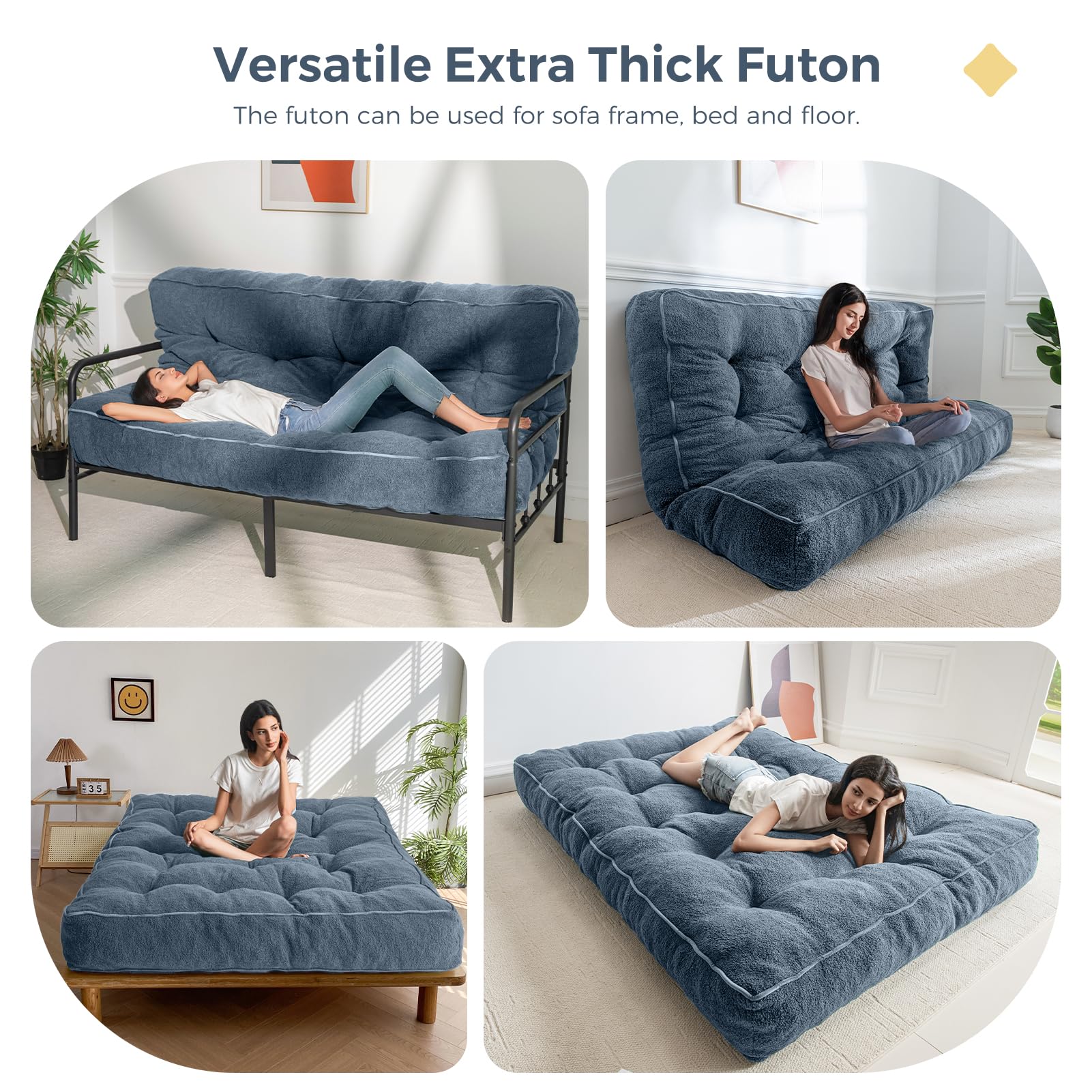 MAXYOYO 8 Inch Tufted Futon Sofa Couch Bed - Thick Boucle Floor Futon Mattress for Adults (Mattress Only) in Dusty Blue | Perfect for Small Spaces, Guest Rooms & Dorm Rooms