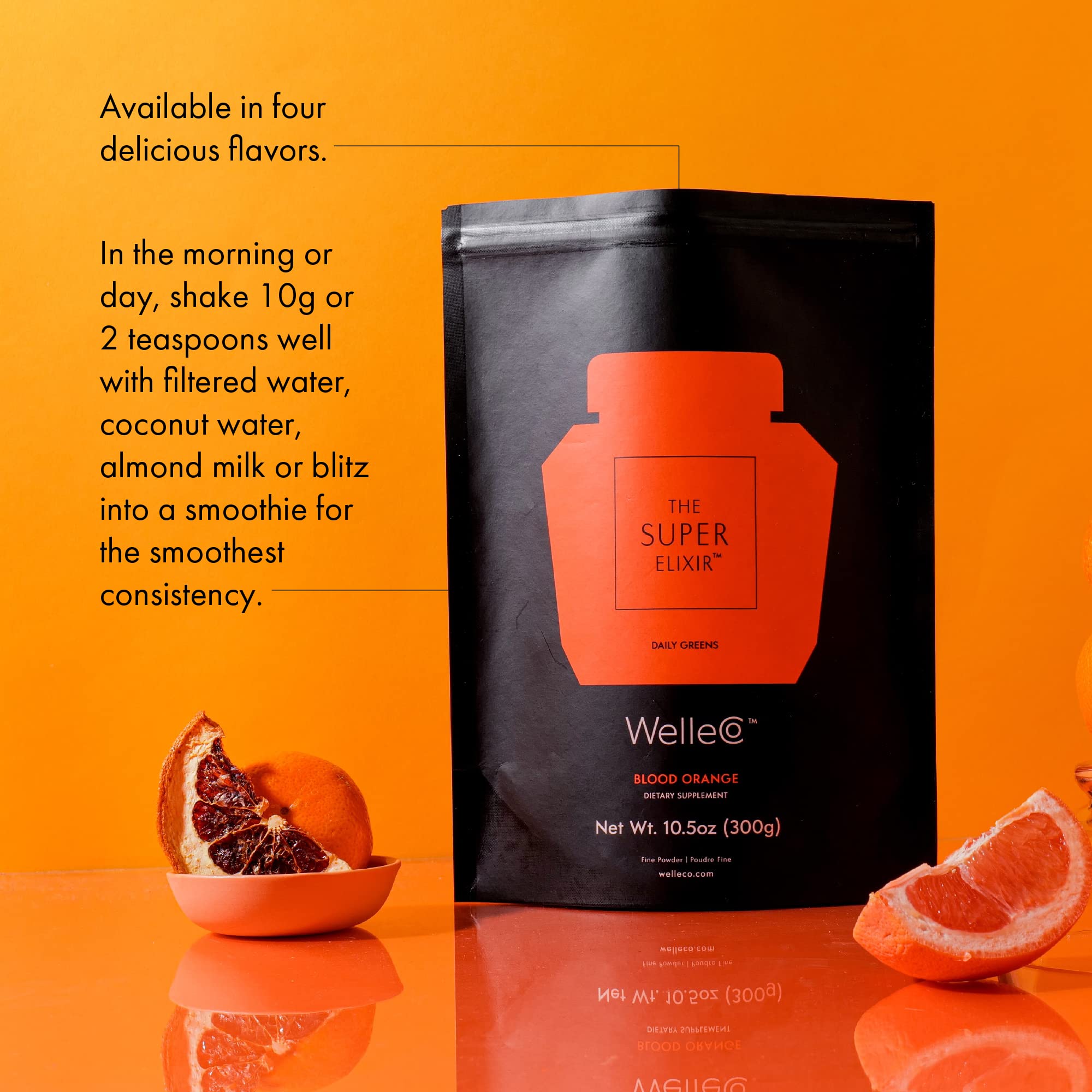 WelleCo The Super Elixir Daily Greens Powder - Vegan Probiotic Drink Mix with Whole Foods for Gut Health, Energy Boost & Immunity Support | Gluten Free Superfood Supplement for Healthy Skin, Hair & Nails (300g, Blood Orange Flavor) | Perfect for Smoothies, Wellness Shots & Daily Detox Routines