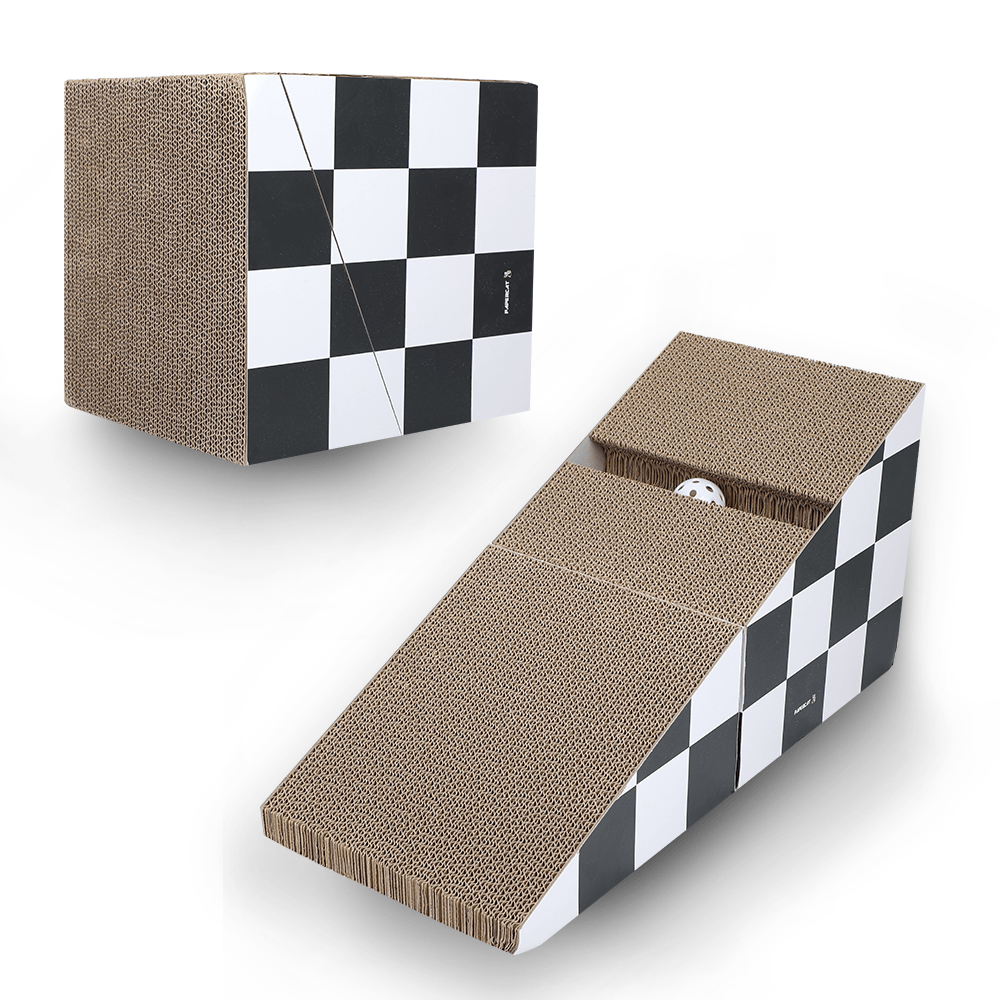 Durable Cat Scratching Board with Ball - 2-in-1 Triangle Cardboard Scratcher & Lounge Bed for Cats - Multiple Scratching Angles, Recyclable Furniture Protector (Black & White) - Perfect for Indoor Play & Sofa Protection