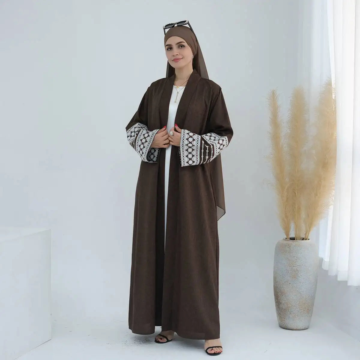 Elegant Embroidered Sleeve Cardigan Open Abaya Dress for Women - Perfect for Prayer, Modest Fashion & Special Occasions