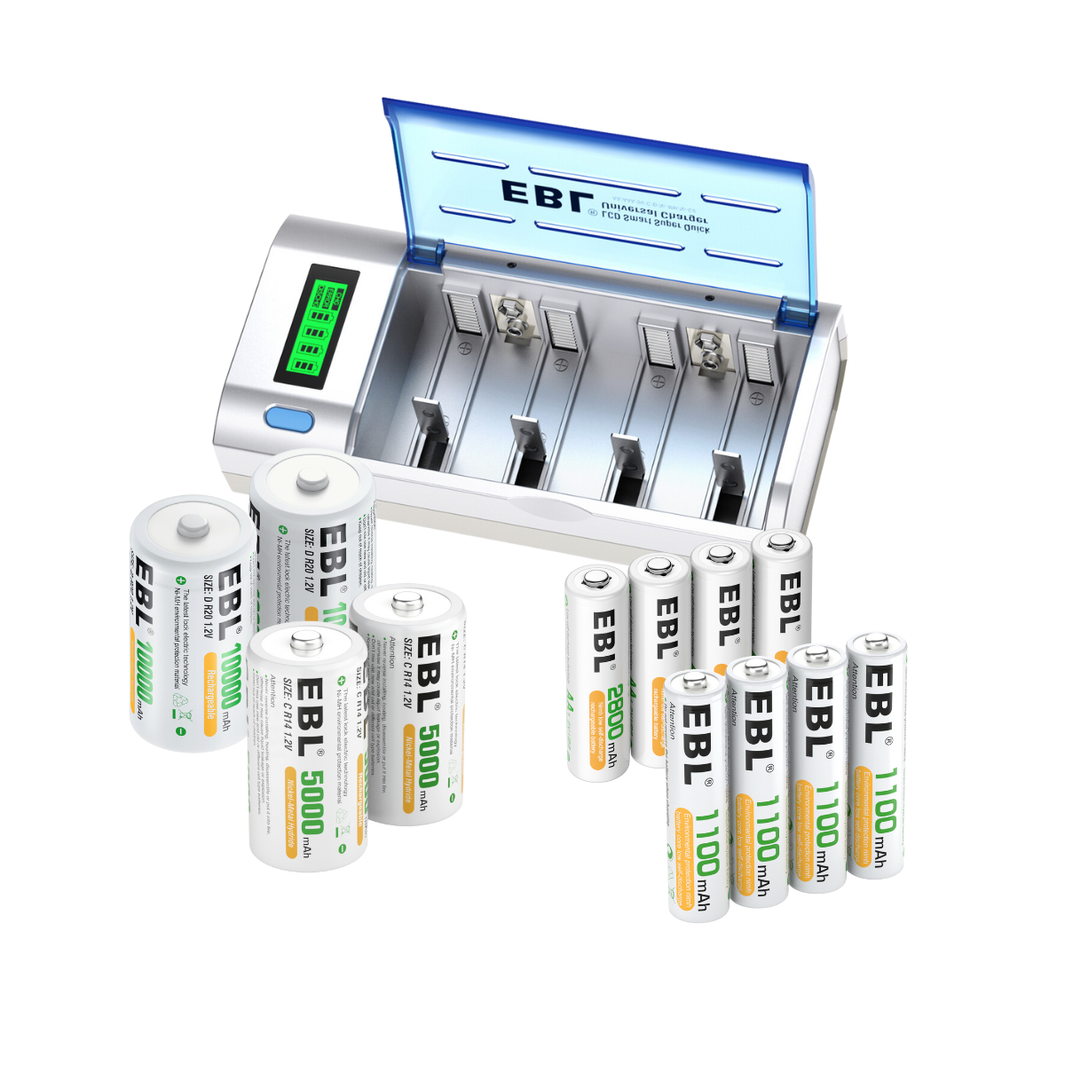 EBL 906 Smart Battery Charger with 8 Rechargeable AA AAA C D Batteries Kit - Fast Charging for Home, Office & Emergency Power Supply