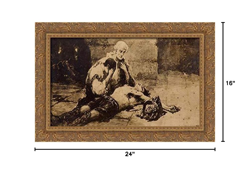 Over The Dead Gladiator 24x16 Gold Ornate Wood Framed Canvas Art Print by Wilhelm Kotarbinski - Roman Warrior Battle Scene Painting for Living Room, Office & Medieval Decor