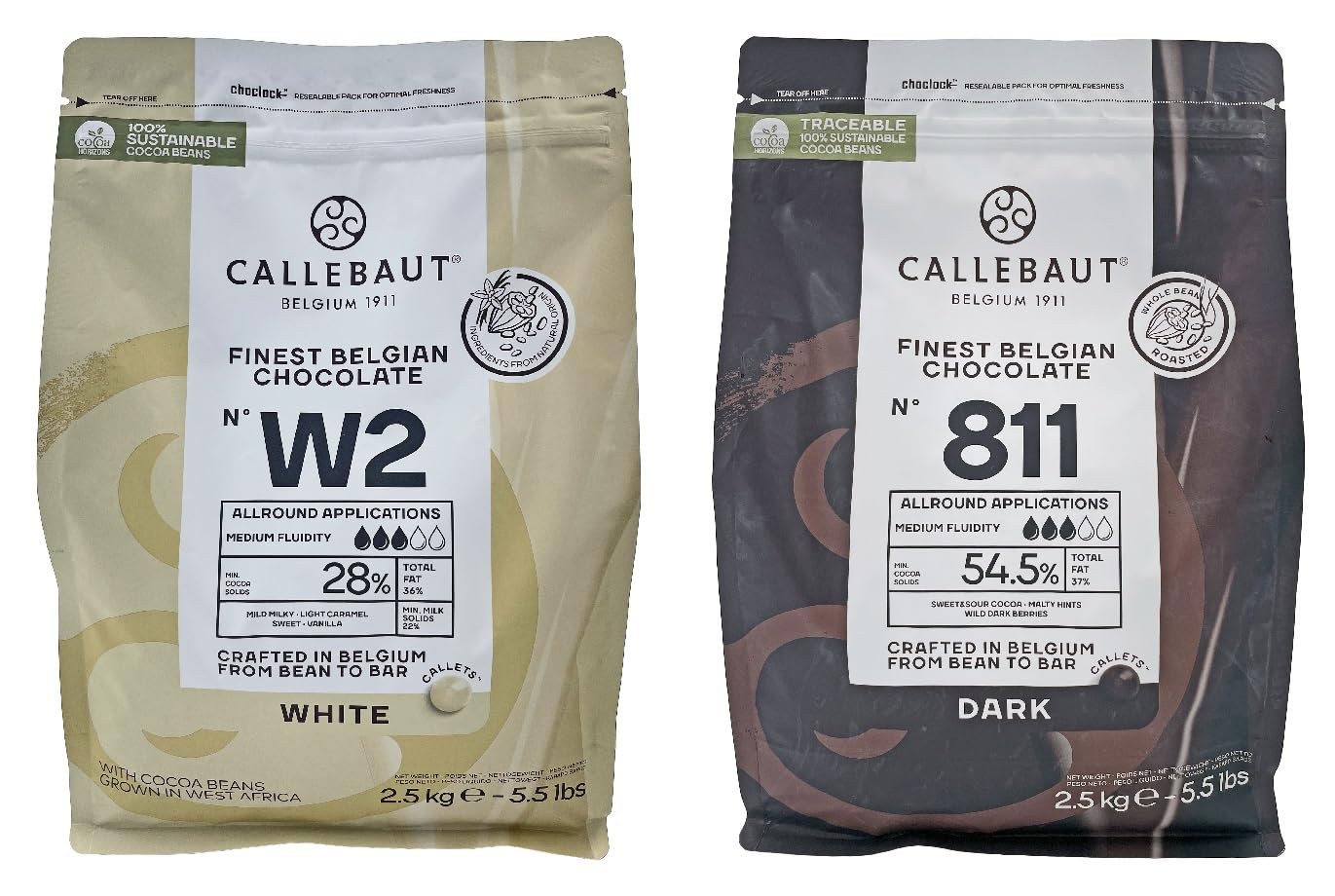 Premium Belgian Dark Chocolate Callets 54.5% Cocoa & White Chocolate Callets 28% Cocoa - 5.5 lb Each (2-Pack) for Baking, Desserts, Pastries & Hot Chocolate | High-Quality Bulk Chocolate for Professional Chefs & Home Bakers