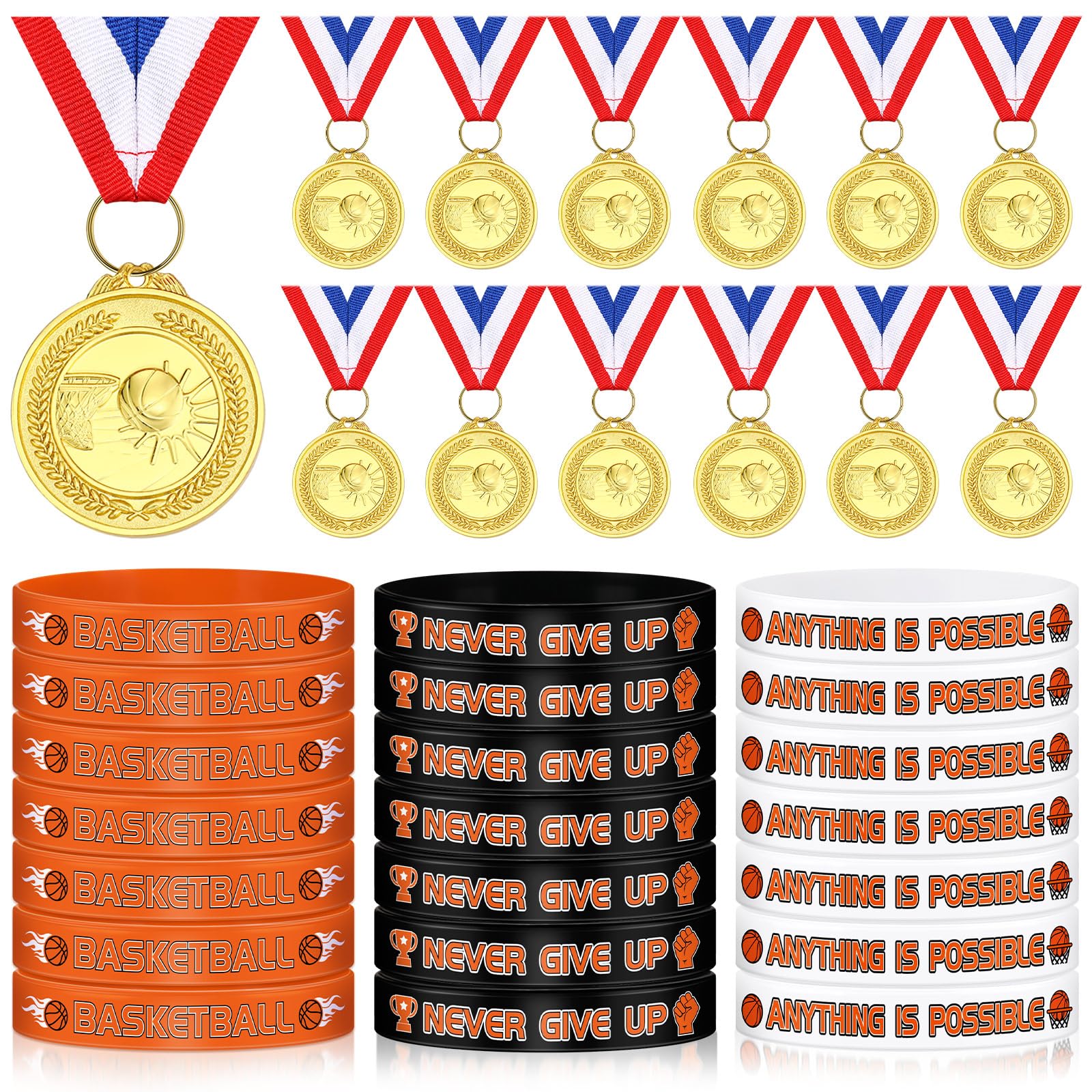 48 Pcs Basketball Medals & 24 Pcs Silicone Wristbands Set - Sports Awards for Kids & Adults - Perfect for Basketball Tournaments, Team Gifts, and Party Favors - Includes Neck Ribbons & Rubber Bracelets