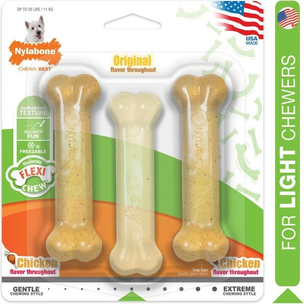 Nylabone FlexiChew Triple Pack - Chicken & Original Flavored Durable Dog Chew Toys for Small, Medium & Large Breeds - Perfect for Teething, Dental Health & Boredom Relief
