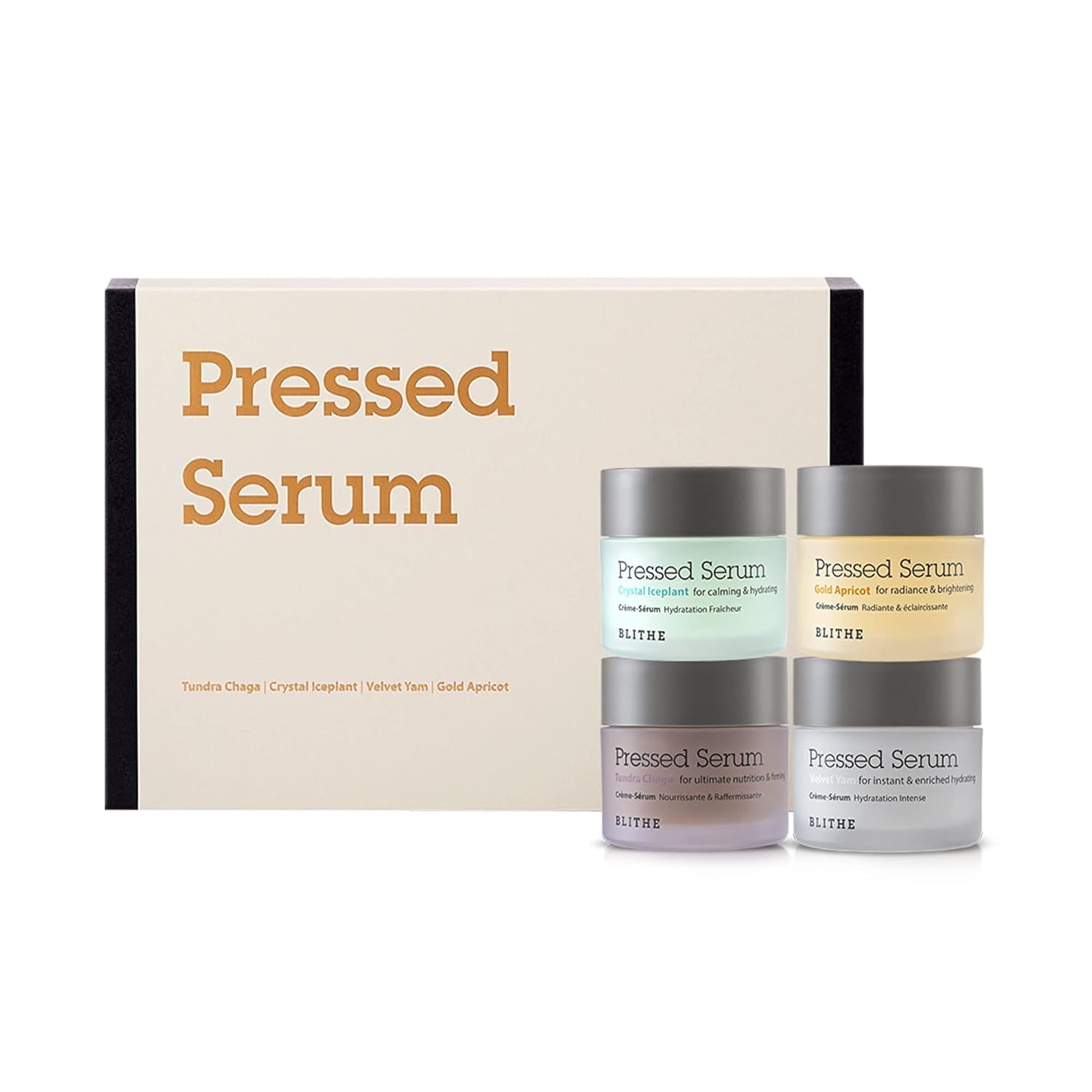 Blithe Pressed Serum Deluxe Collection - Hypoallergenic Korean Face Moisturizer with Chaga, Iceplant, Yam & Apricot - 4pc Box Set (0.74 Fl Oz Each) for Dry, Sensitive Skin - Day & Night Hydration for All Seasons