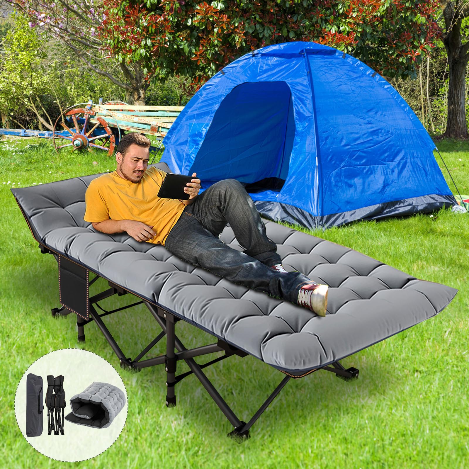 ABORON Heavy Duty Oversized Folding Camping Cot for Adults - 500lb Weight Capacity, Double Layer 1200D Oxford Fabric with Mattress & Carry Bag - Perfect for Camping, Guest Bed, Emergency Shelter, and Outdoor Adventures