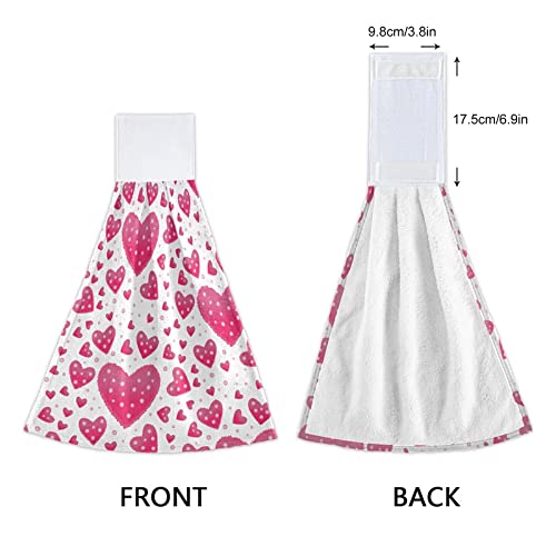Pink Hearts & Dots Kitchen Oven Towels - 2 Pack Super Absorbent Hanging Hand Towels with Loop for Mothers Day, Valentines Day - Dishcloth, Tea Towel & Bar Mop for Kitchen, Bathroom & Tabletop Cleaning