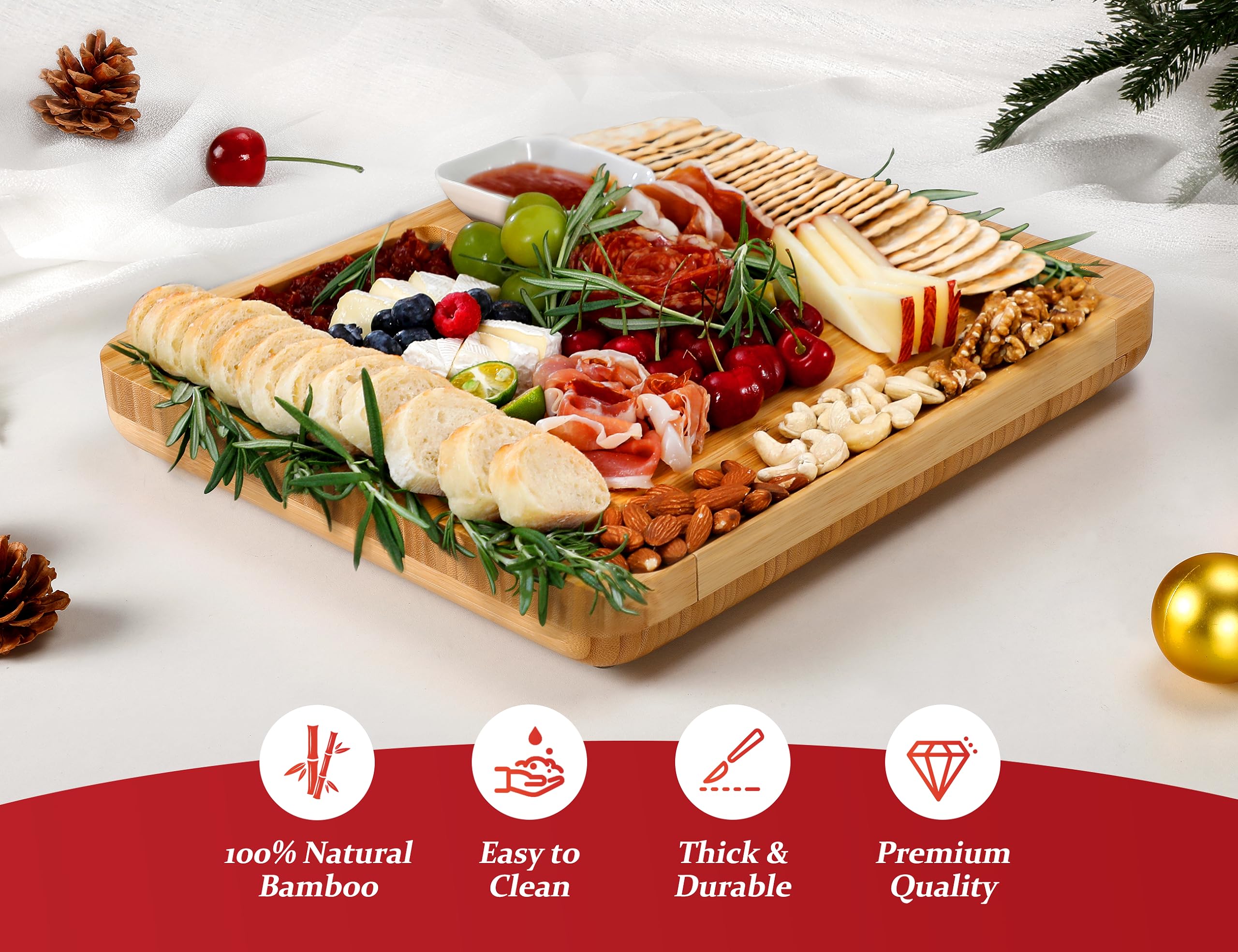 Premium Bamboo Cheese Board Set - Large Charcuterie Platter with 4 Stainless Steel Serving Knives | Perfect for Wine Parties, Housewarming Gifts, Weddings & Birthday Presents for Women & Men | Elegant Entertaining & Gourmet Cheese Tasting