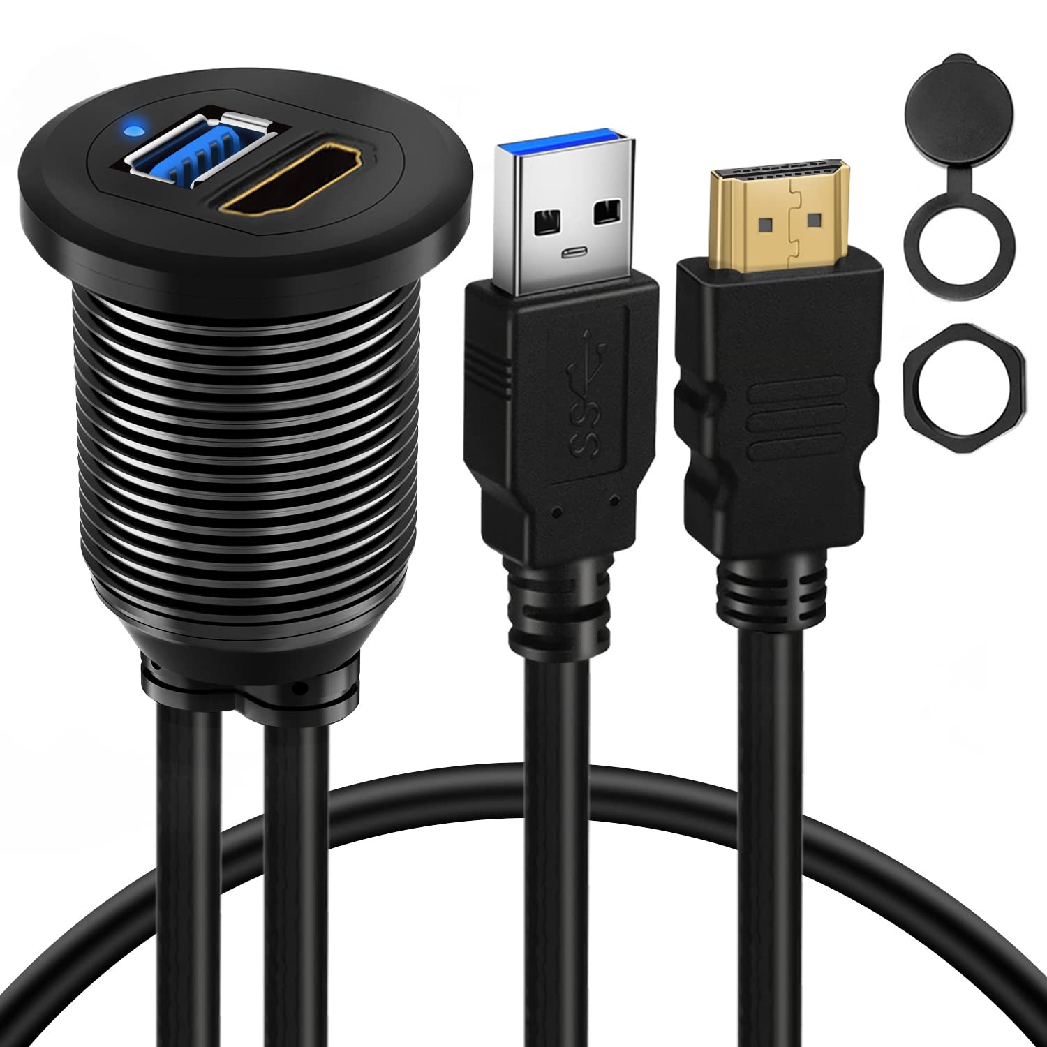 BATIGE USB 3.0 HDMI Car Mount Flush Port Cable - Alloy Shell HDMI USB 3.0 Dash Panel Extension with LED Indicator for Car, Boat, Motorcycle (3ft) - Perfect for In-Vehicle Entertainment & Navigation Systems