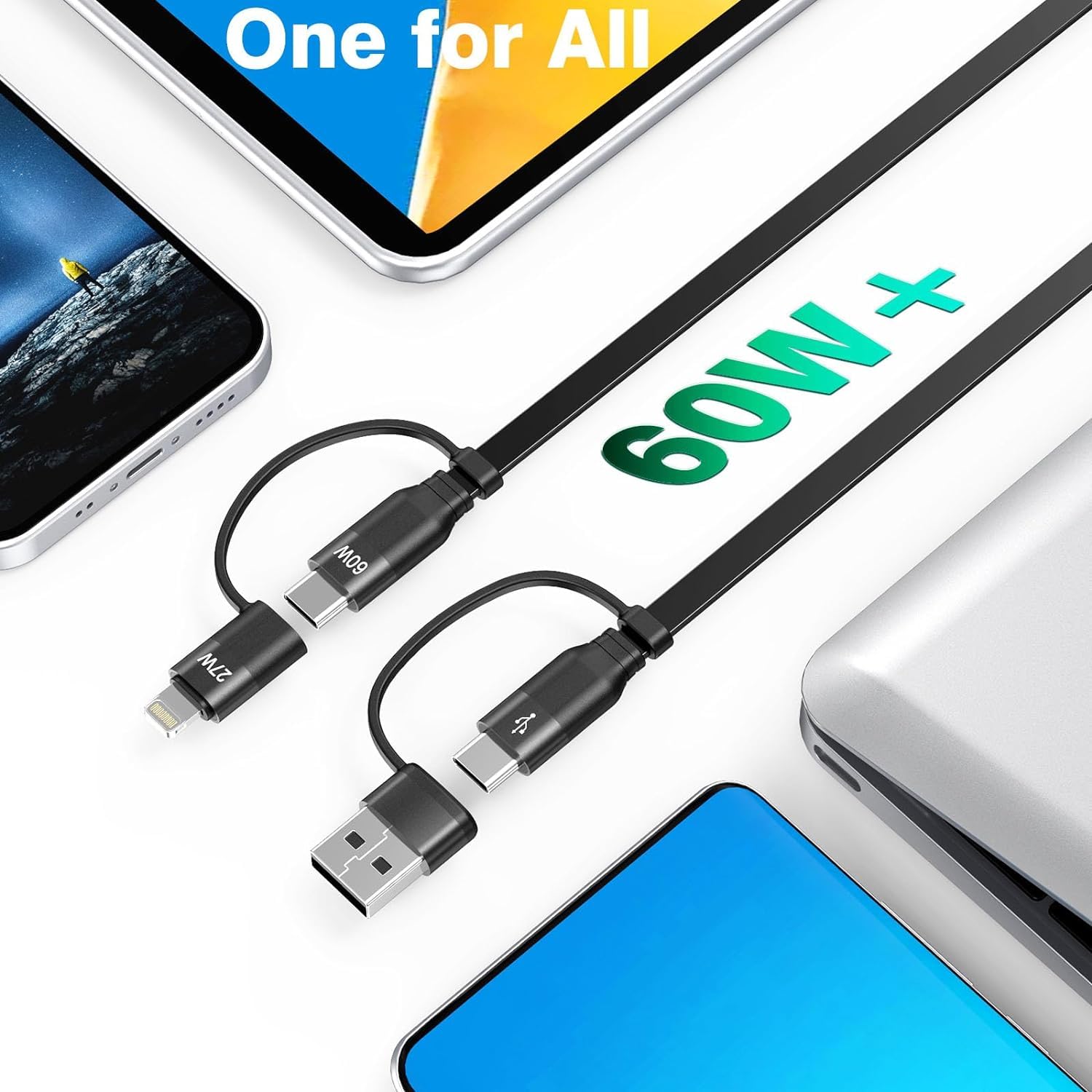5-in-1 Multi Charging Cable 60W Fast Charger with Retractable Design - USB C to Lightning/USB A Cable for iPhone 15/14/13, iPad, Samsung Galaxy, PS5, Tablets - Perfect for Travel, Home & Office Use