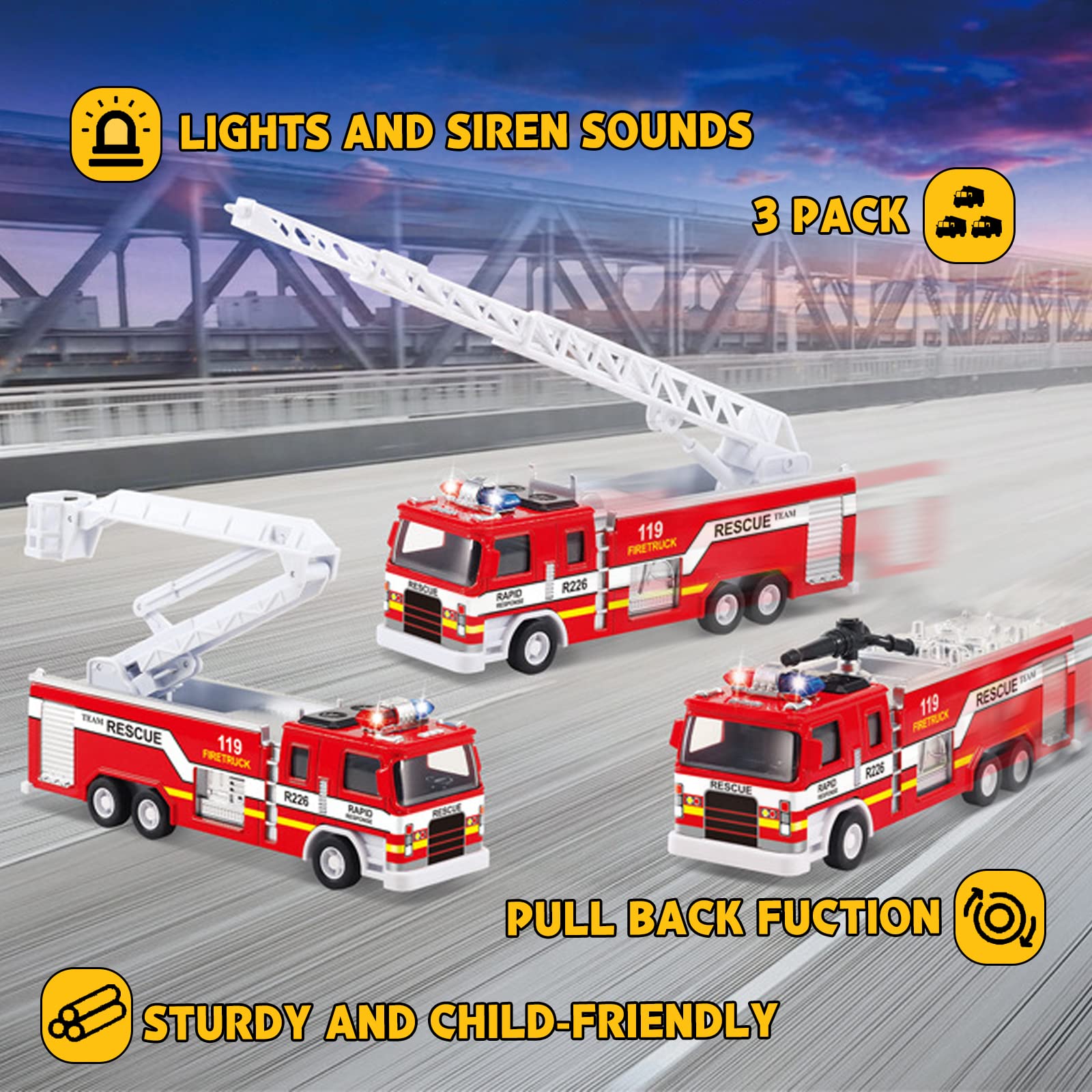 CORPER TOYS 3-Pack Fire Truck Toy Set with Extending Rescue Ladder, Rotating Water Gun, Lights & Siren Sounds – Pull Back Alloy Car Toys for Toddlers, Boys & Girls – Perfect for Birthday Gifts & Pretend Play Firefighter Scenarios