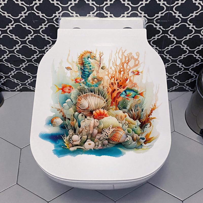 Waterproof Coral Sea Starfish Toilet Cover Sticker Decals - Self-Adhesive Ocean Theme Bathroom Decor for Toilet Lid, Tank & Wall - Perfect for Beach House, Coastal Style or Kids Bathroom Design