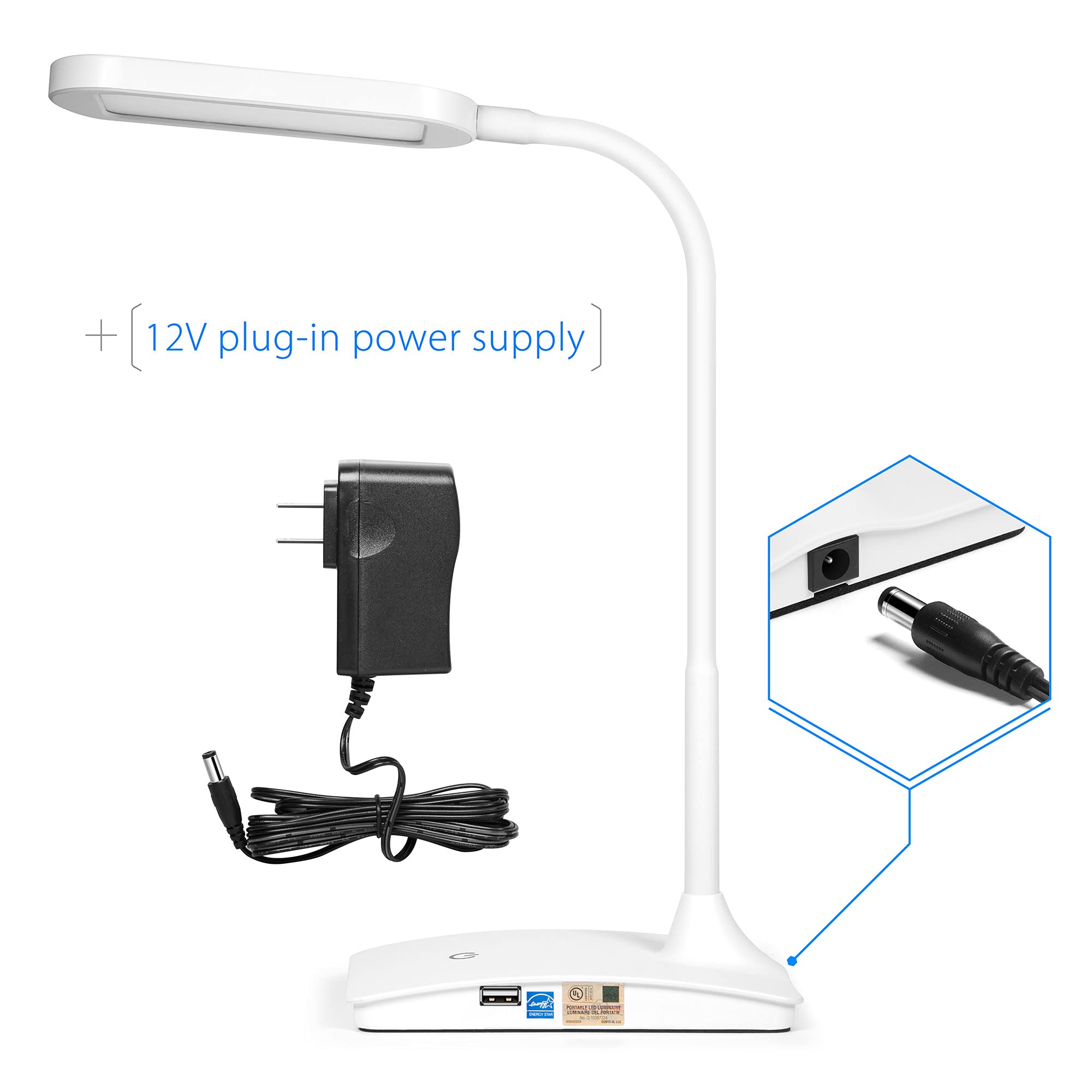 Super Bright LED Desk Lamp with USB Charging Port - Adjustable Study Light for Home Office, Bedside Reading, Dorm Room & Workspace | Energy Efficient White Task Lighting
