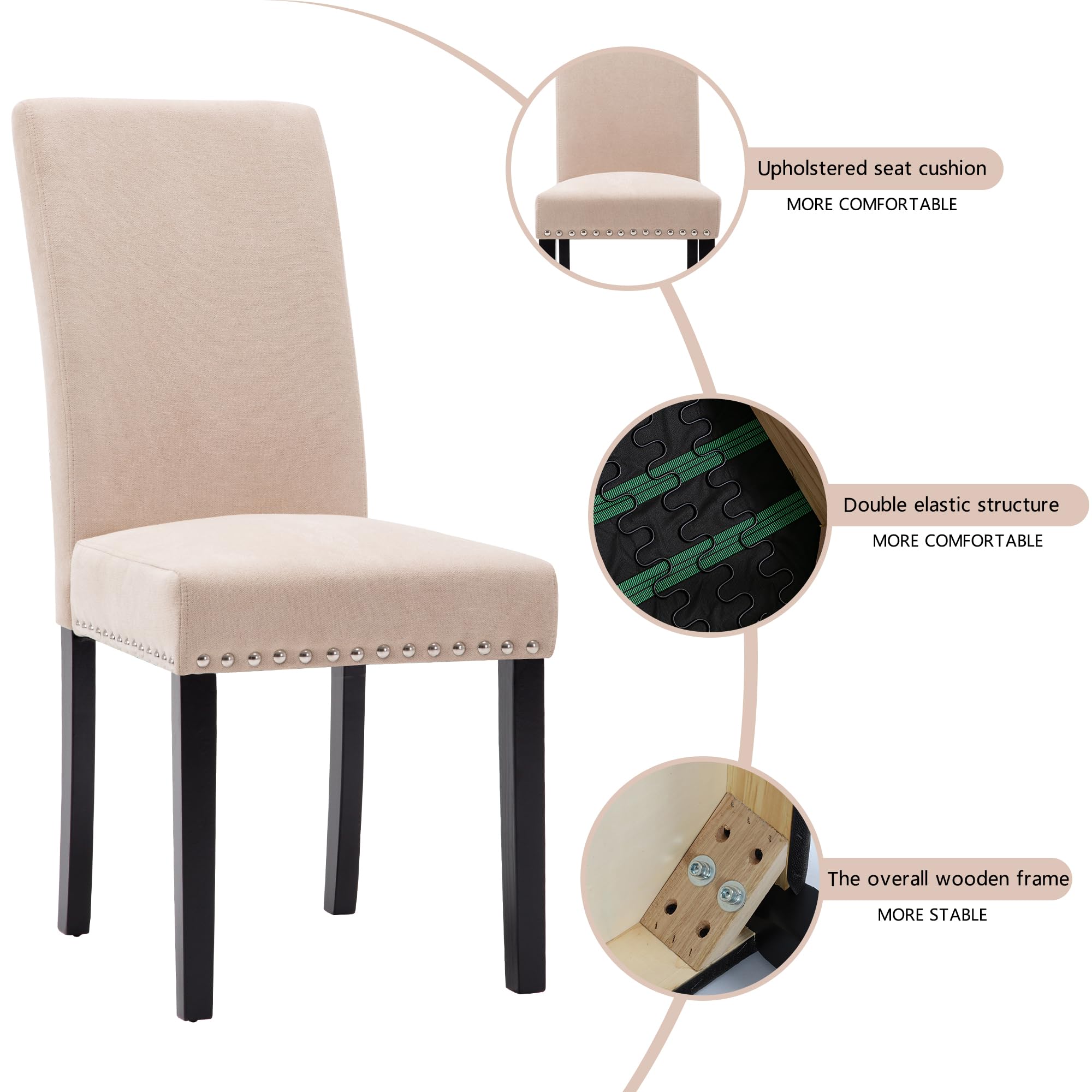 GOTMINSI 4-Piece Upholstered Dining Chair Set - Beige Padded Parson Kitchen Chairs with Silver Nail Accents & Solid Wood Legs for Dining Room, Kitchen, Breakfast Nook, and Home Decor