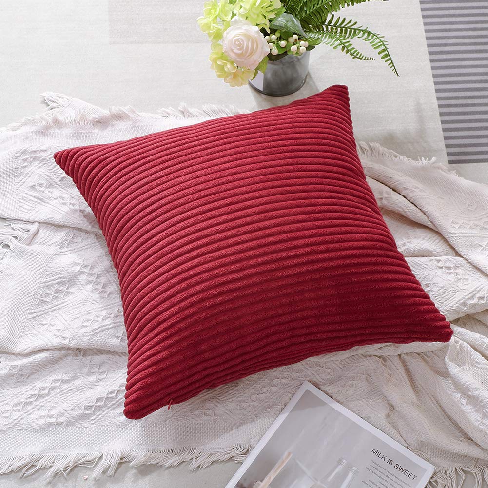 Artscope Cozy Striped Corduroy Pillow Covers 16x16 Inches - Super Soft Decorative Square Throw Pillow Cases for Sofa, Couch, Bed & Car - Burgundy - Perfect for Home Decor, Living Room Accent & Cozy Comfort