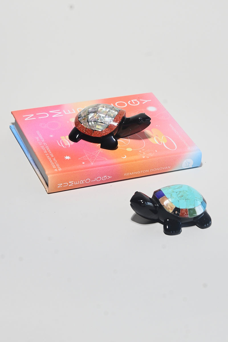 Handmade Obsidian Crystal Inlay Turtle Figurine - Spiritual Healing Stone, Meditation Decor, Feng Shui Gift for Home & Office
