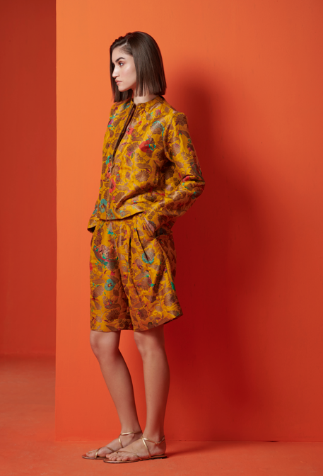 Musafir Jacket - Silk Brocade Mustard Gold Coat for Women | Elegant Traditional Outerwear for Weddings, Parties & Special Occasions