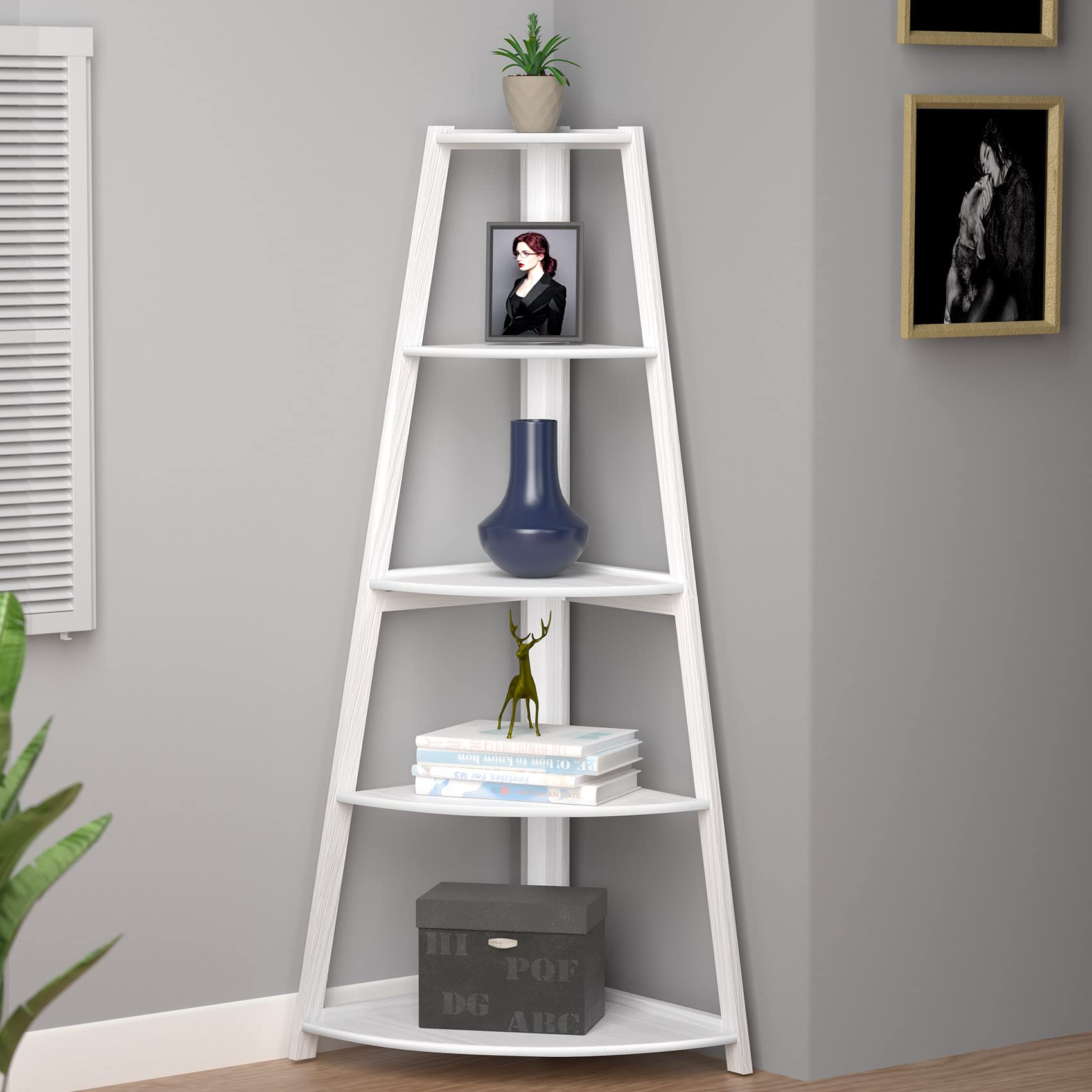 5-Tier Corner Shelf Stand - Industrial Ladder Bookcase, Small Storage Rack & Floating Shelves for Living Room, Kitchen, Home Office | Rustic White Wood Furniture - Perfect for Plants, Books & Home Decor Organization