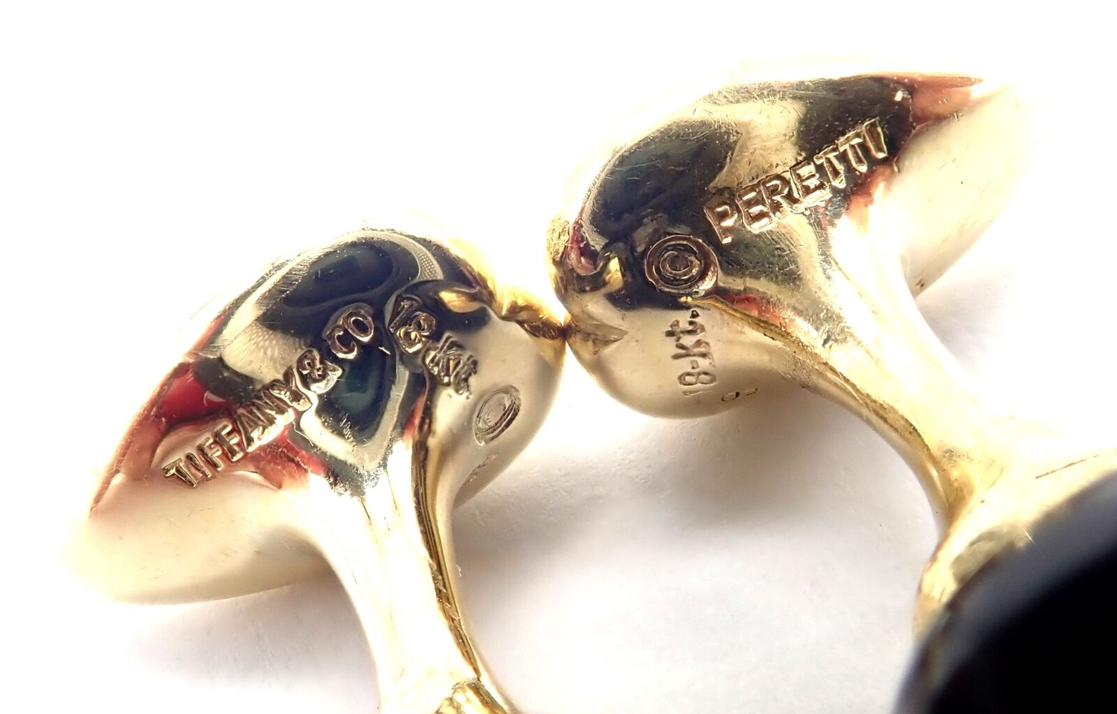Authentic Tiffany & Co Peretti 18k Yellow Gold Black Onyx Teardrop Cufflinks for Men - Luxury Formal Wear Accessories for Weddings & Business Events