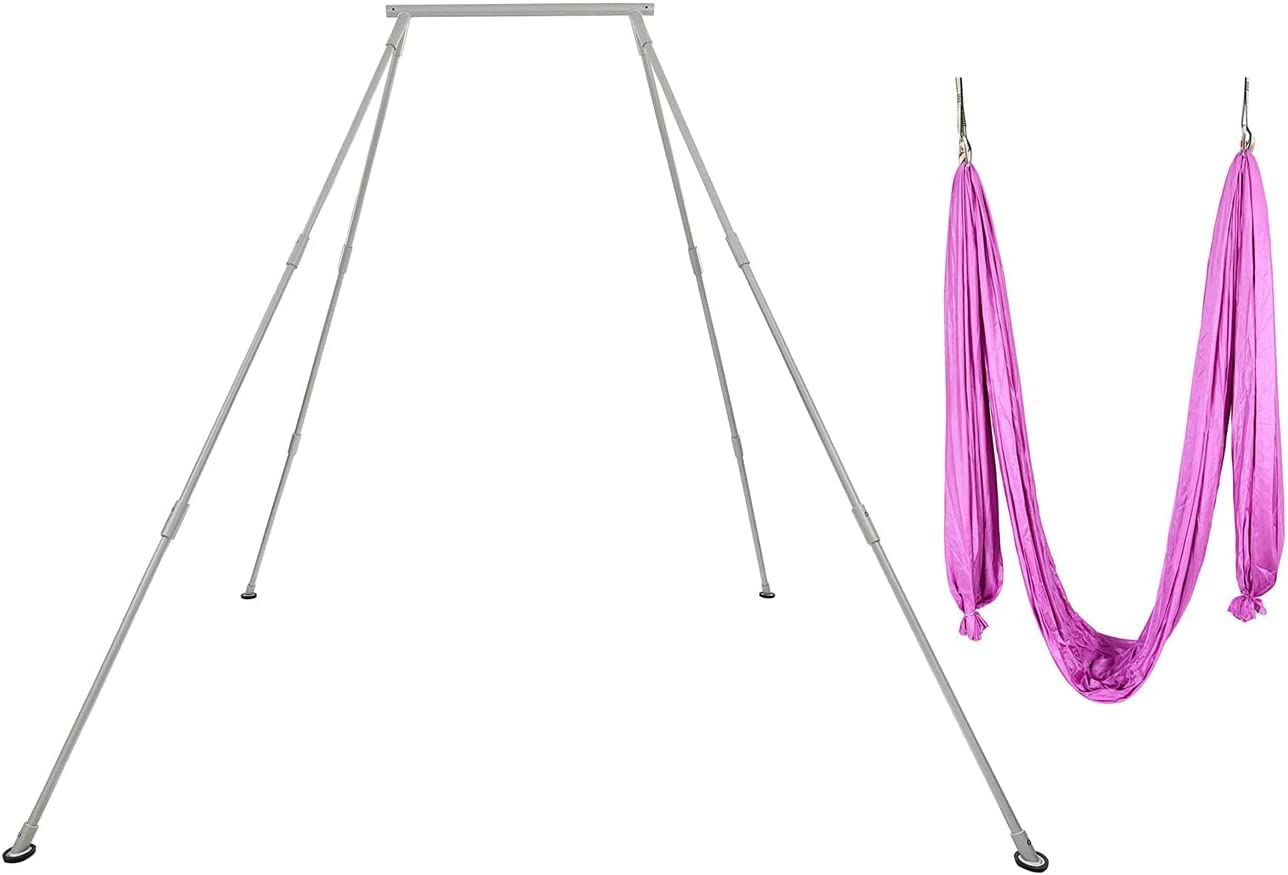 HECASA 20 ft Purple Yoga Sling Inversion Frame Kit - Aerial Yoga Swing for Indoor & Outdoor Use - Includes Safety Belts & Nylon Aluminum Rig - Perfect for Yoga, Stretching, and Fitness Training